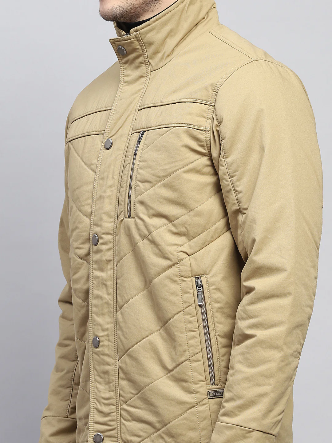 Men Beige Solid Mock Neck Full Sleeve Jacket - Image 7
