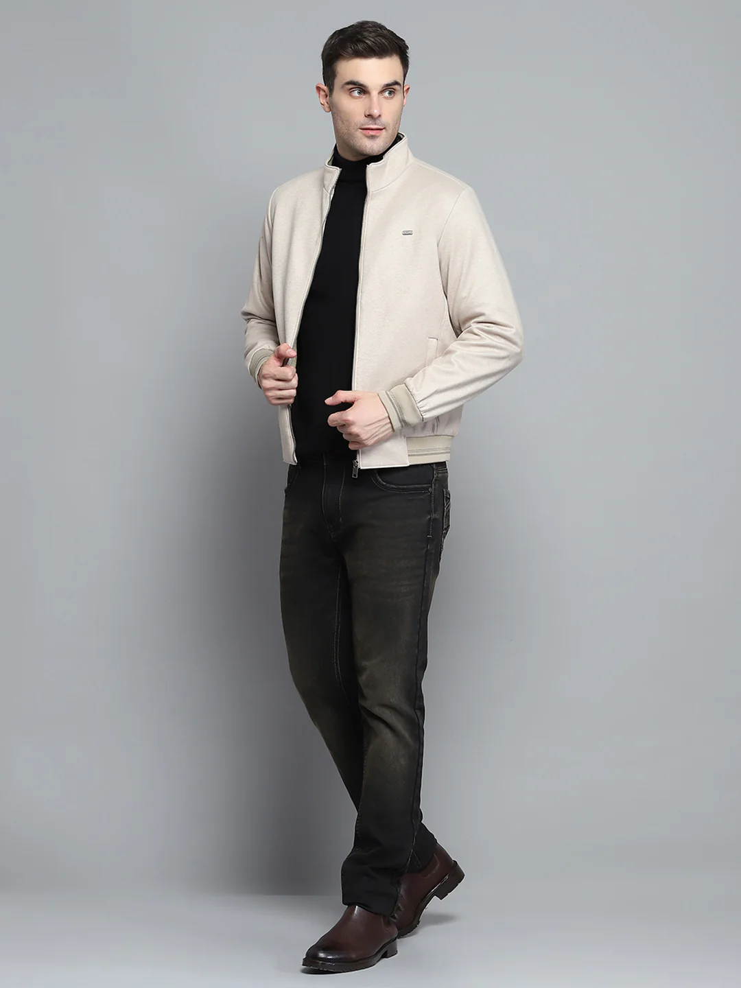 Men Beige Solid Mock Neck Full Sleeve Jacket - Image 2