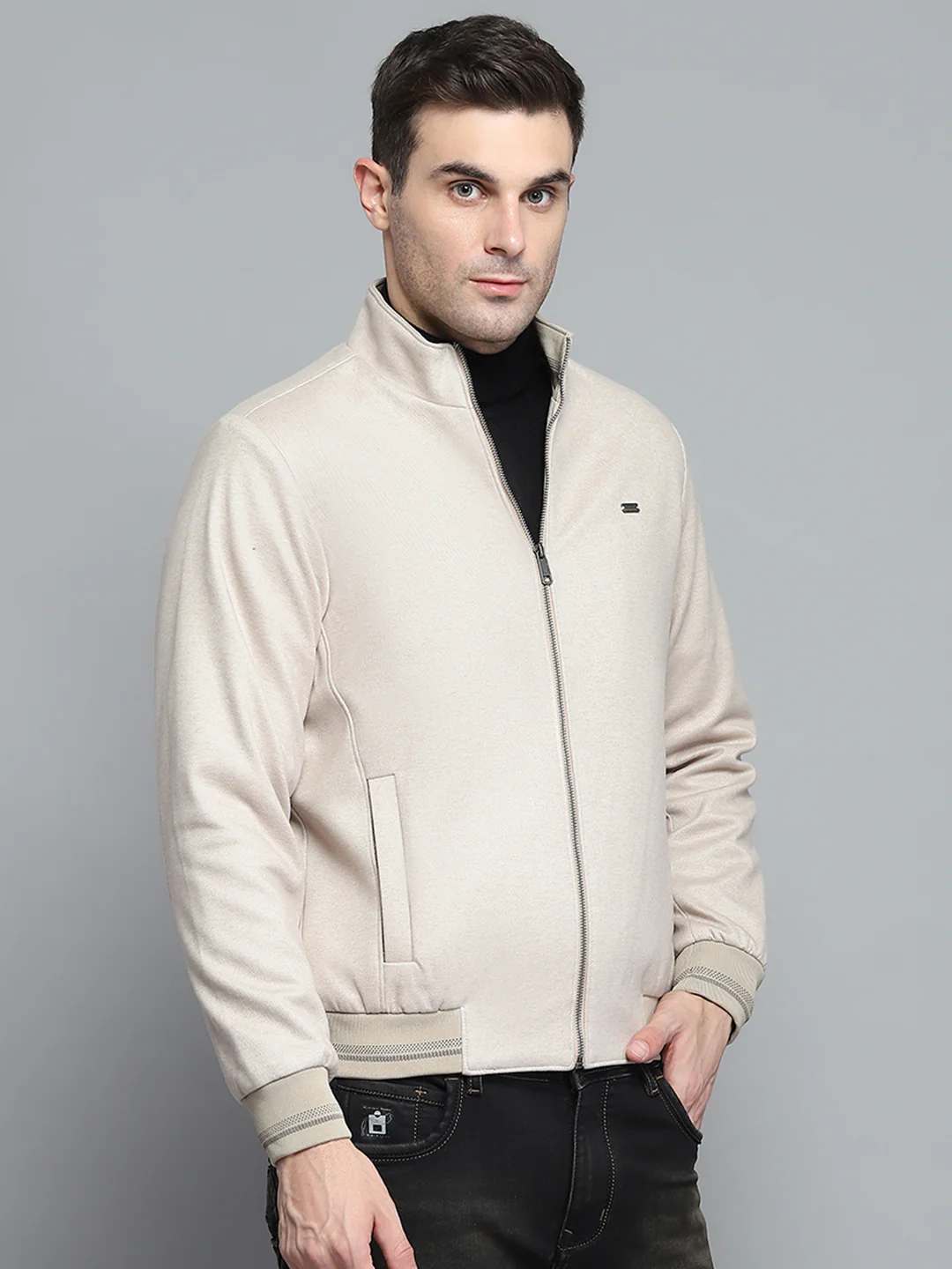 Men Beige Solid Mock Neck Full Sleeve Jacket - Image 4