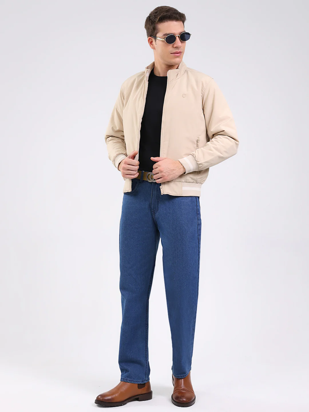 Men Beige Solid Mock Neck Full Sleeve Jacket - Image 2