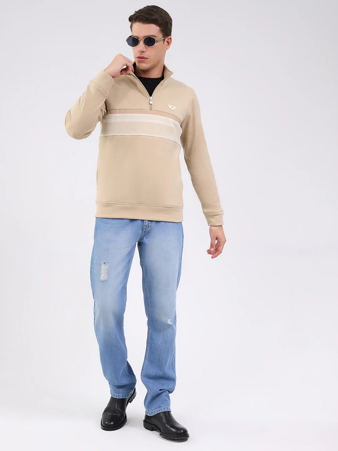 Men Beige Solid Mock Neck Full Sleeve Sweatshirt - Image 2
