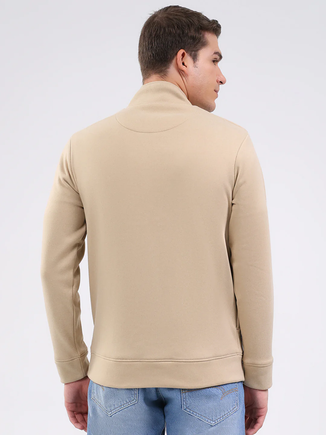 Men Beige Solid Mock Neck Full Sleeve Sweatshirt - Image 5