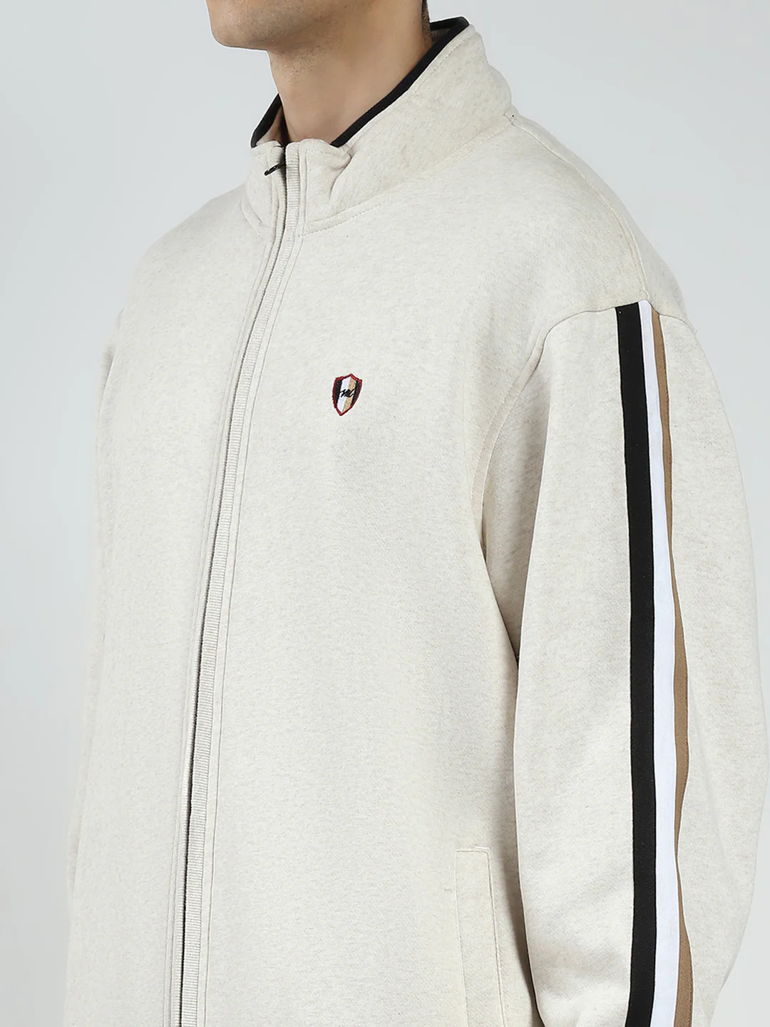 Men Beige Solid Mock Neck Full Sleeve Winter Tracksuit - Image 6