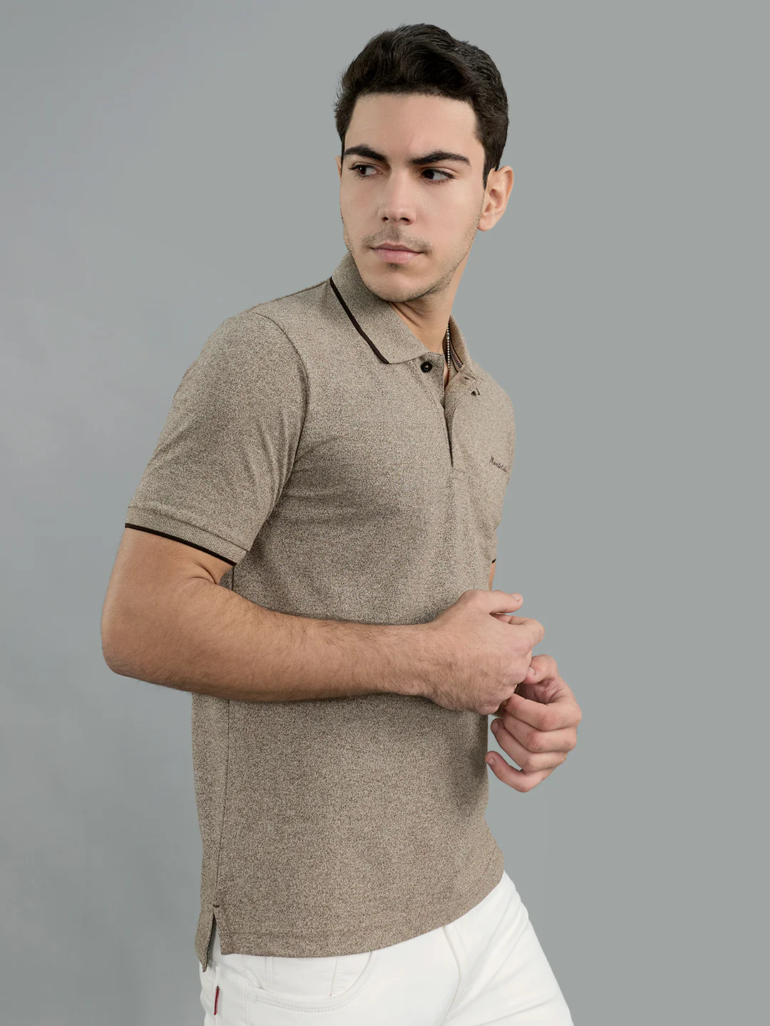 Men Beige Solid Polo Collar Half Sleeve T-Shirt - Image 2