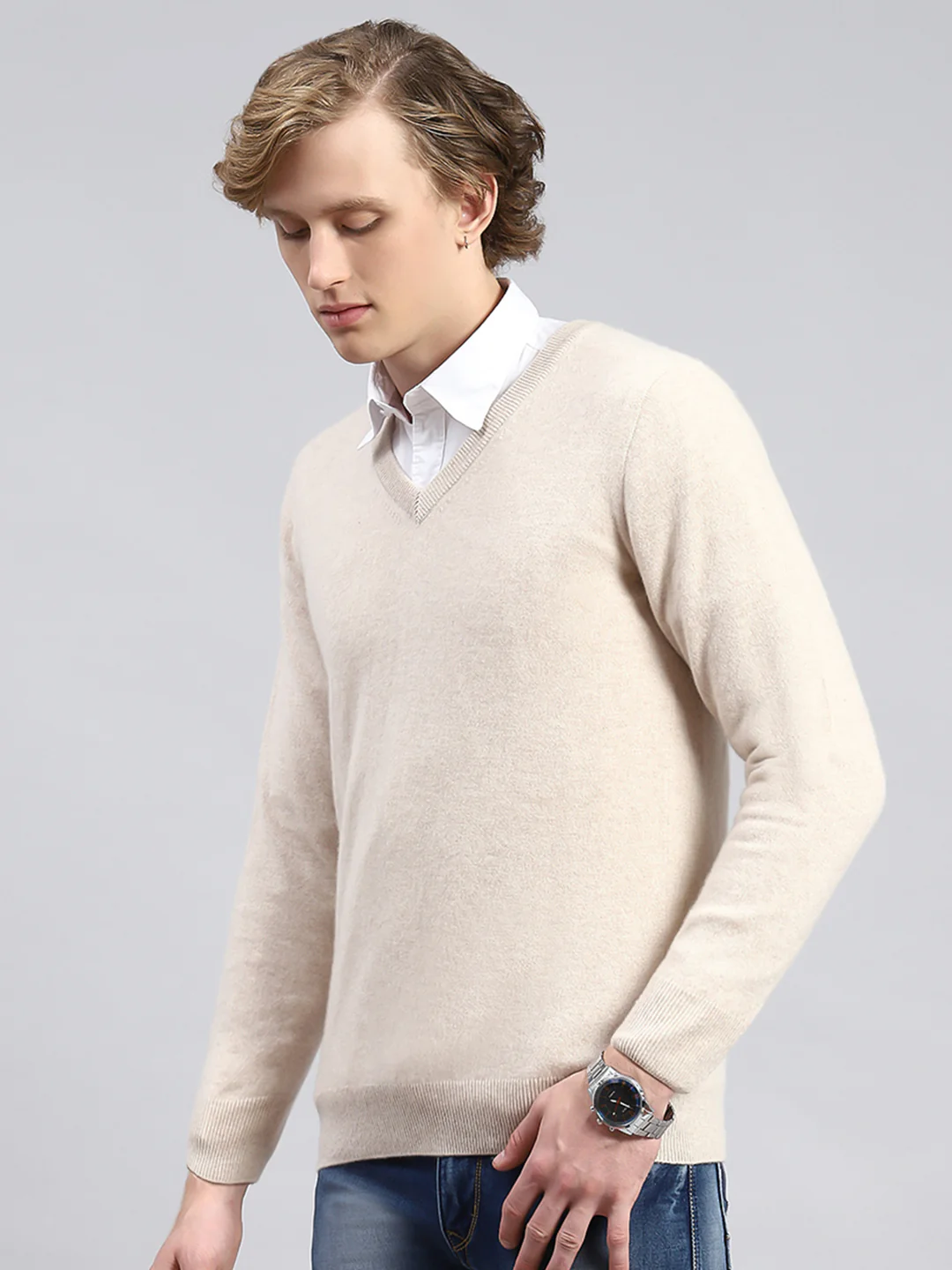 Men Beige Solid Pullover - Image 4