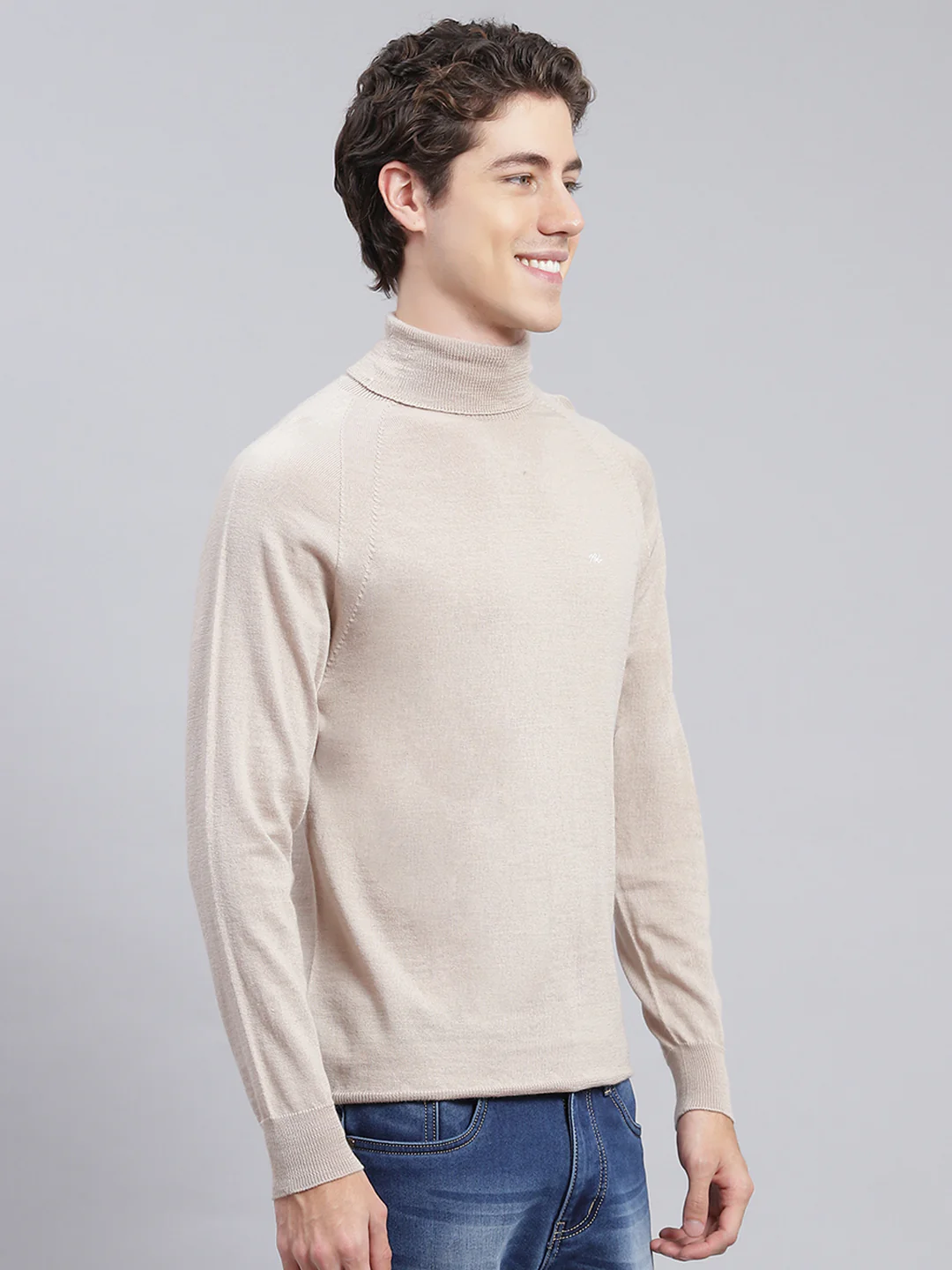 Men Beige Solid Pure wool Pullover - Image 3