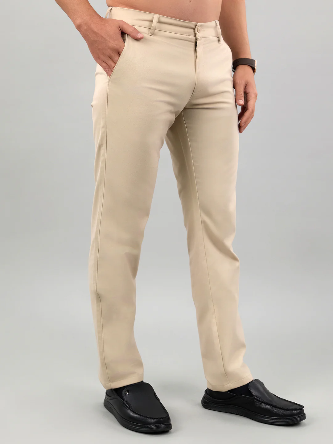 Men Beige Solid Regular Fit Trouser - Image 3