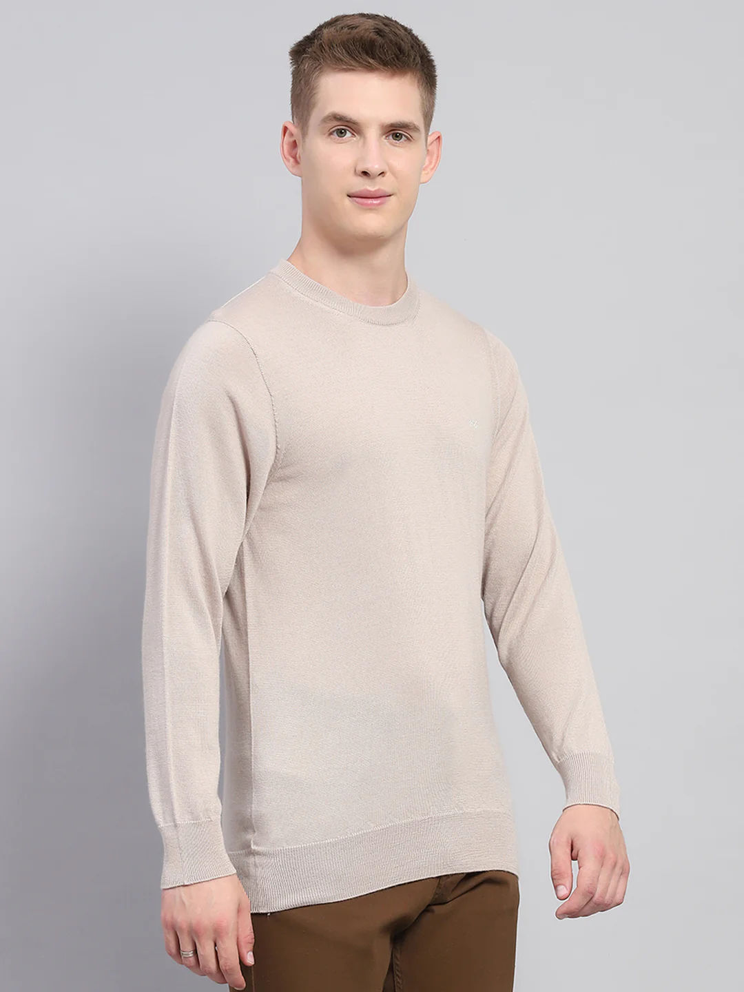 Men Beige Solid Round Neck Full Sleeve Pullover - Image 4