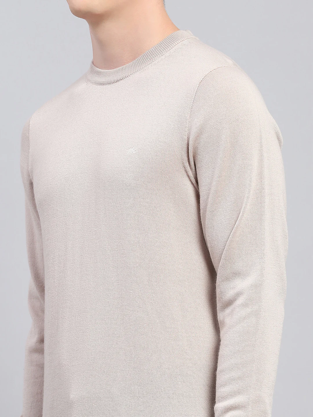 Men Beige Solid Round Neck Full Sleeve Pullover - Image 6