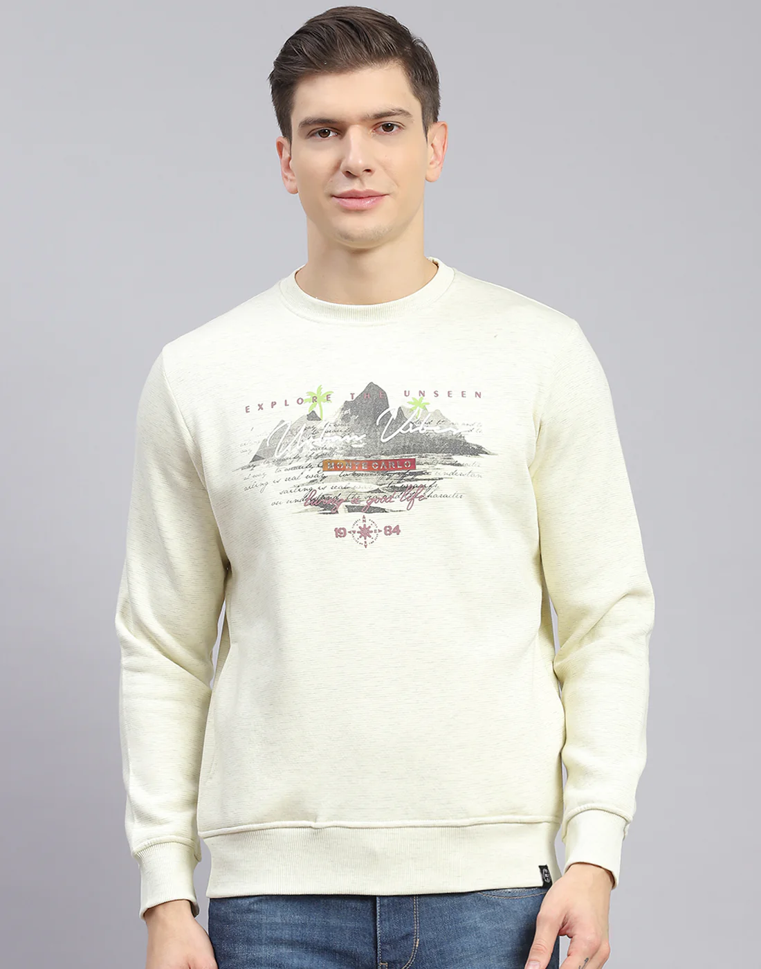 Men Beige Solid Round Neck Full Sleeve Sweatshirt - Image 3