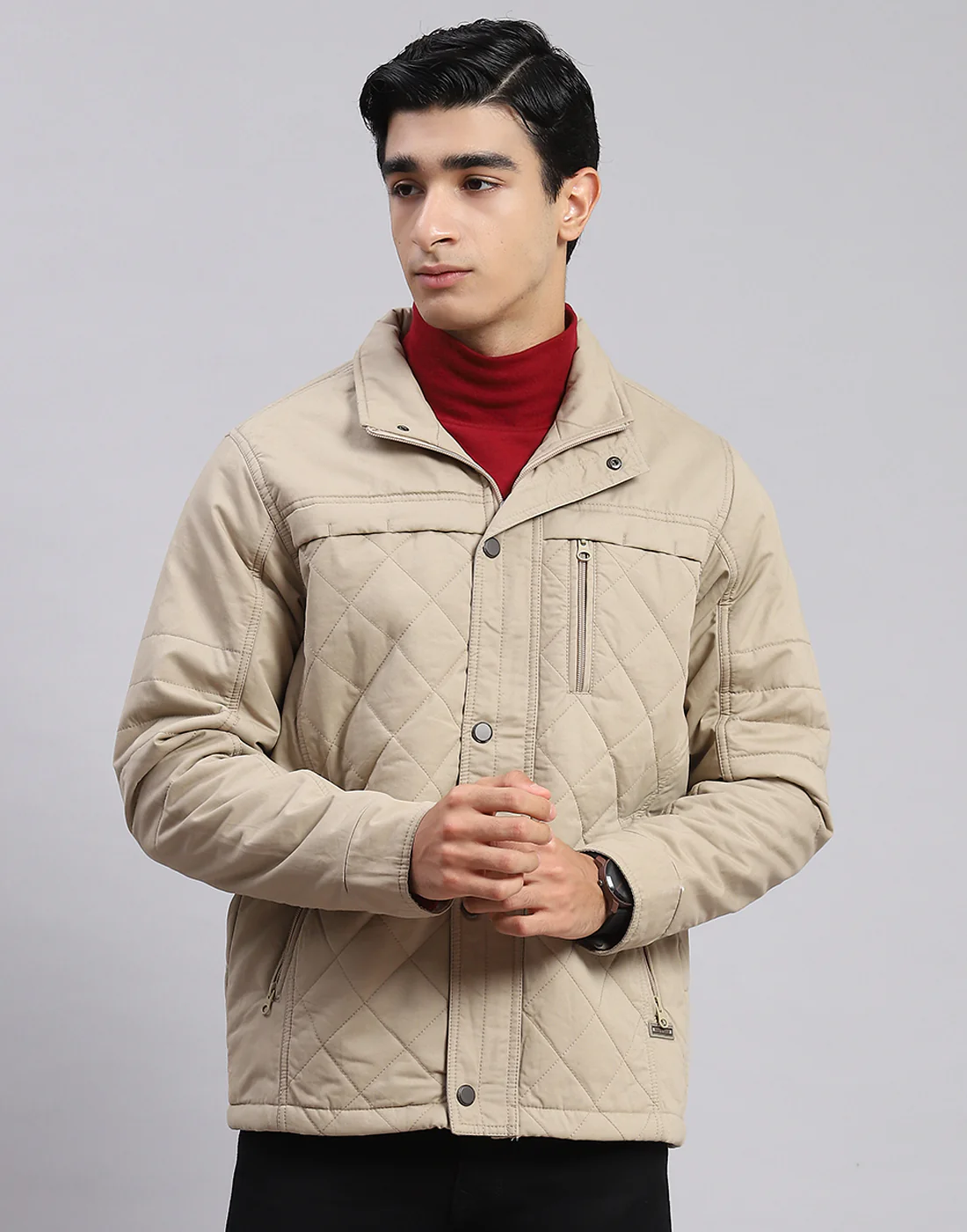 Men Beige Solid Spread Collar Full Sleeve Jackets - Image 2