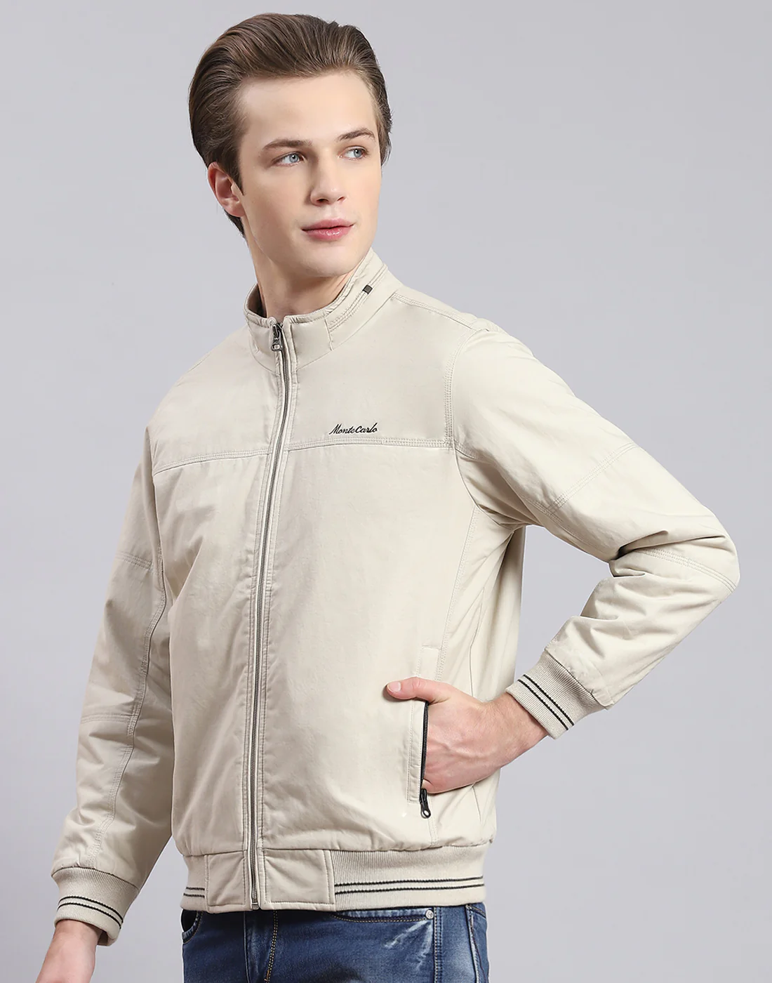 Men Beige Solid Stand Collar Full Sleeve Jacket - Image 3