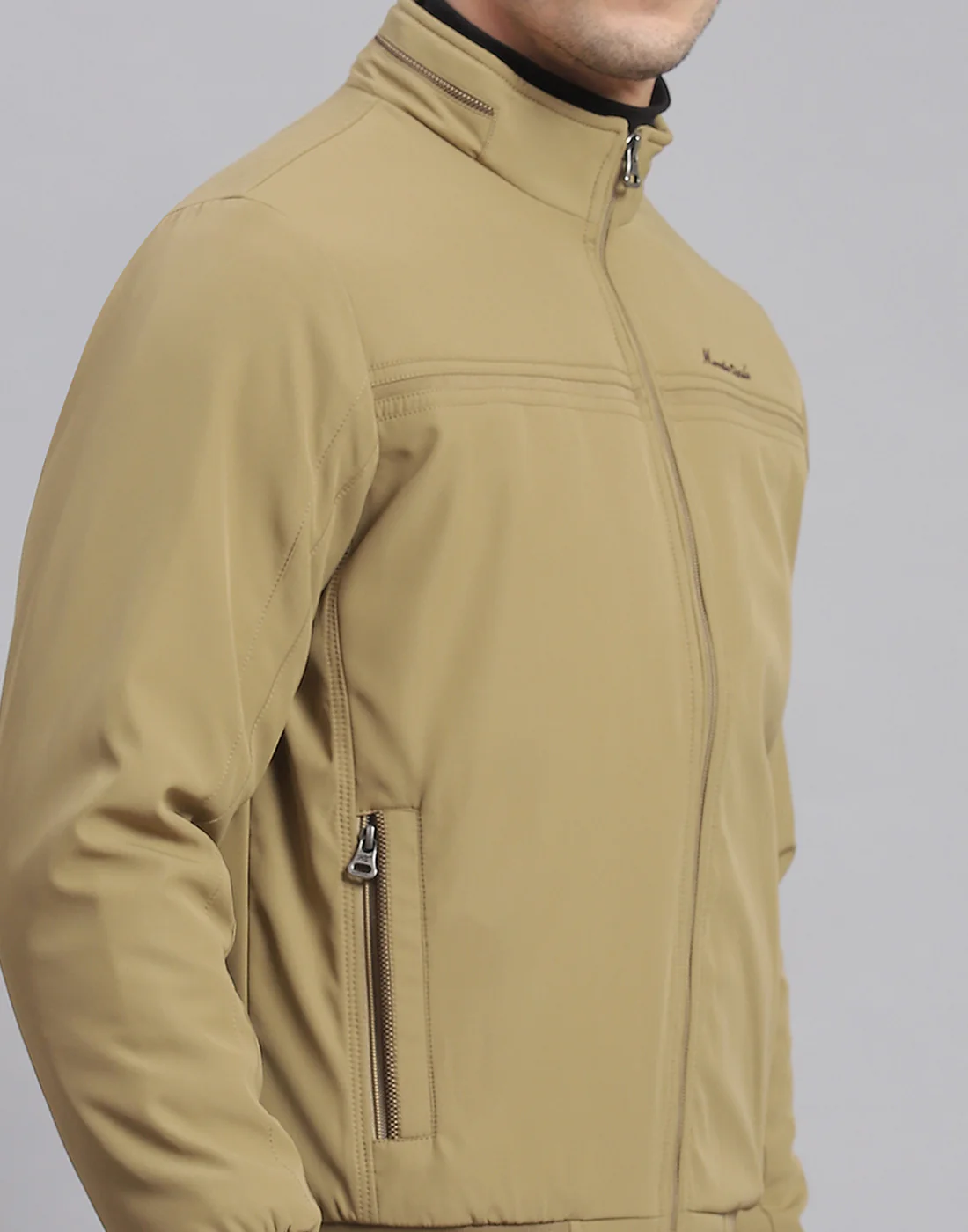 Men Beige Solid Stand Collar Full Sleeve Jacket - Image 7