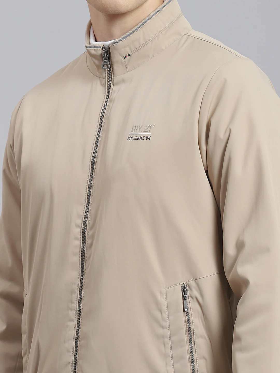 Men Beige Solid Stand Collar Full Sleeve Jacket - Image 7