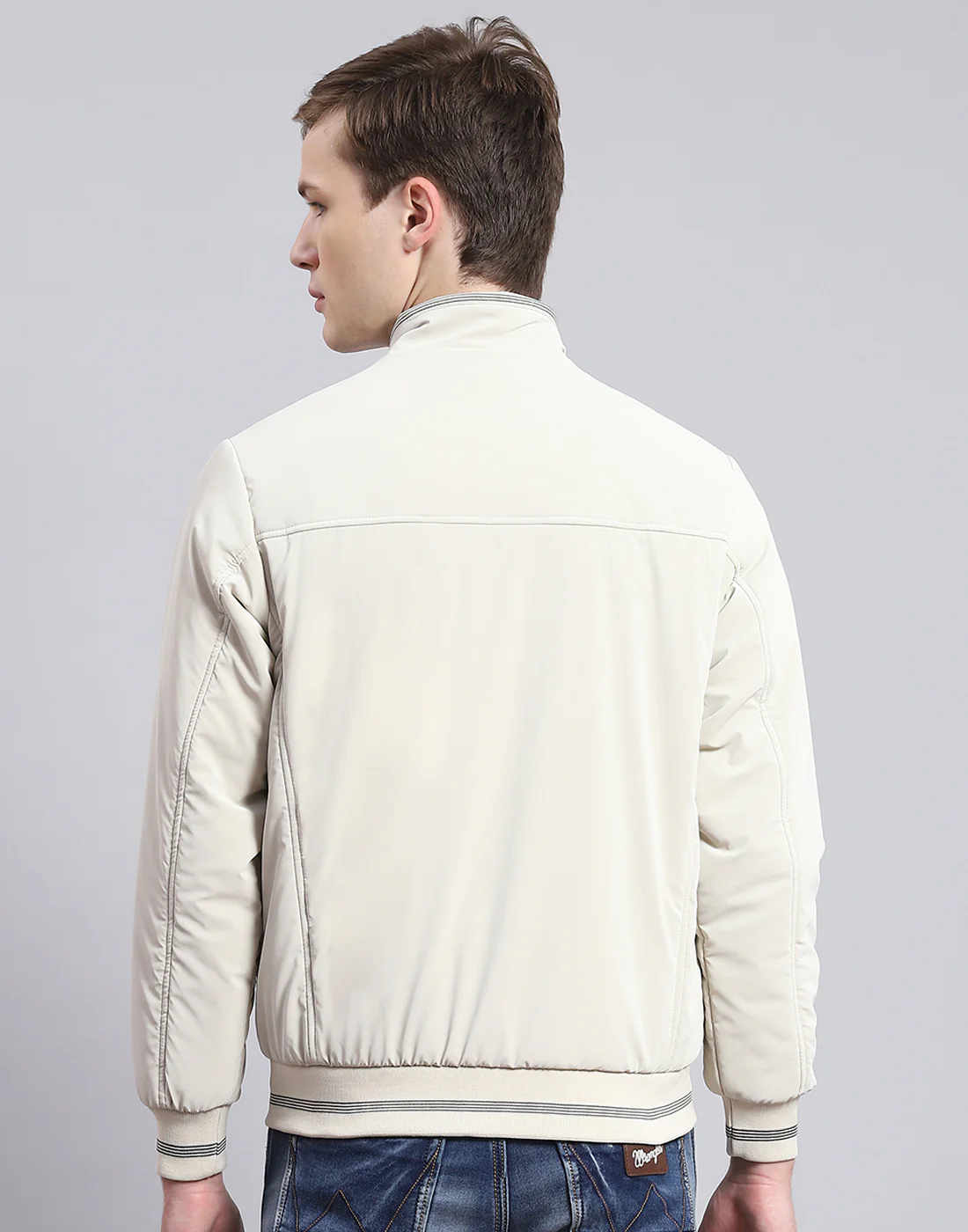 Men Beige Solid Stand Collar Full Sleeve Jacket - Image 5