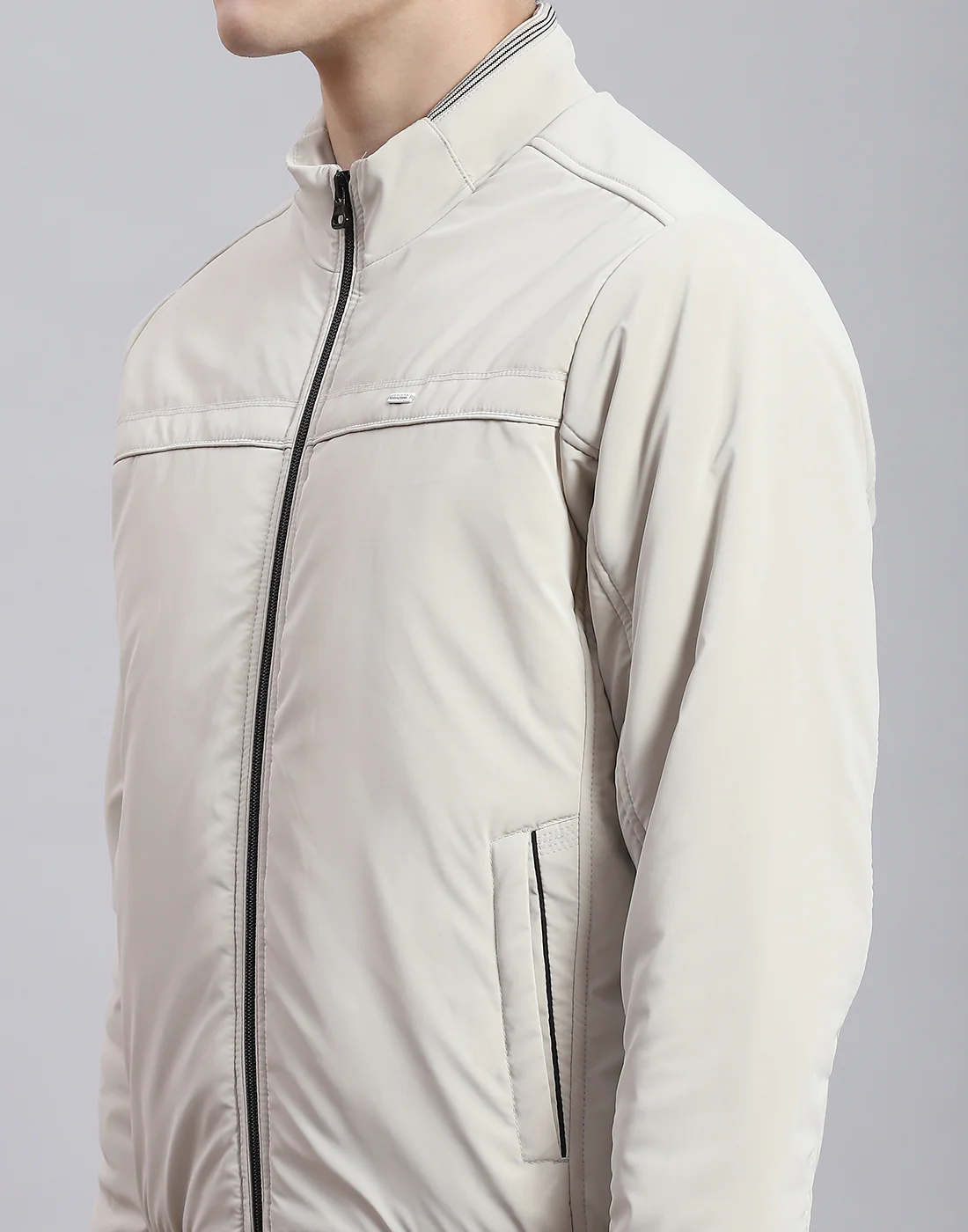 Men Beige Solid Stand Collar Full Sleeve Jacket - Image 7