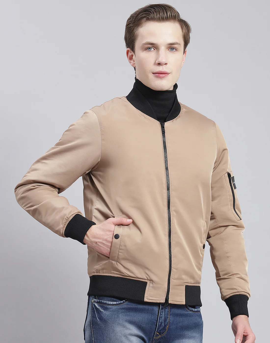 Men Beige Solid Stand Collar Full Sleeve Jacket - Image 4