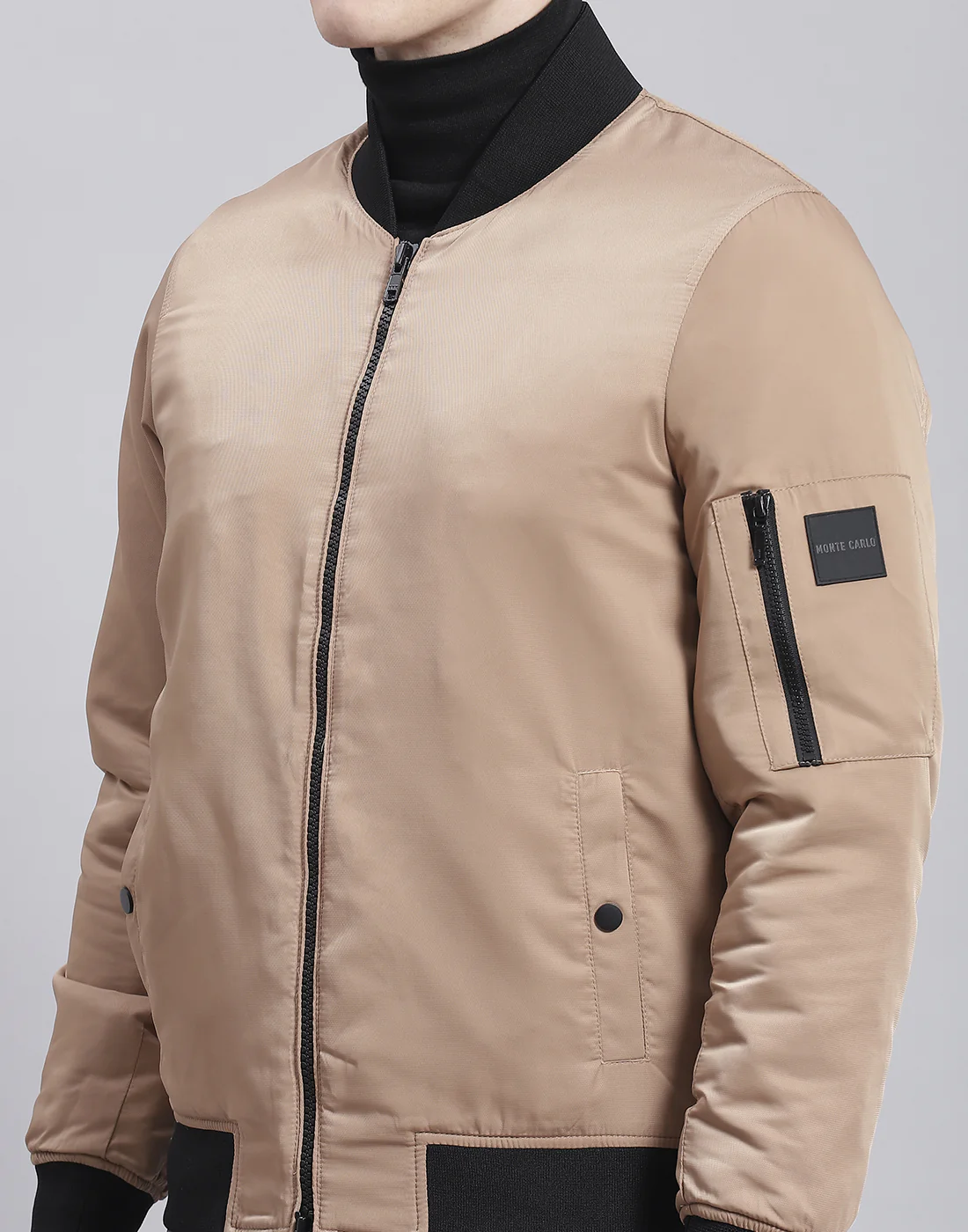 Men Beige Solid Stand Collar Full Sleeve Jacket - Image 6