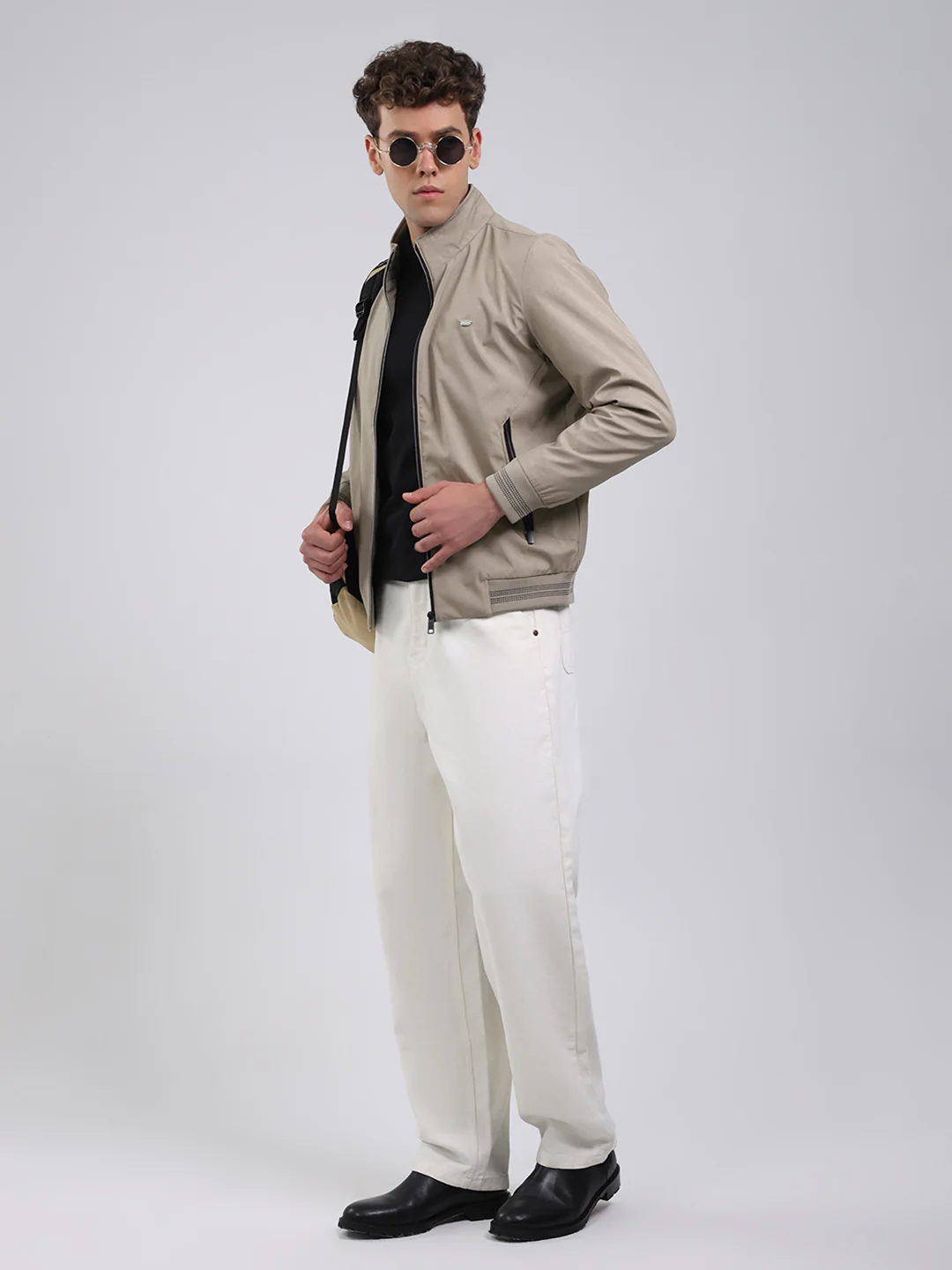 Men Beige Solid Stand Collar Full Sleeve Jacket - Image 2
