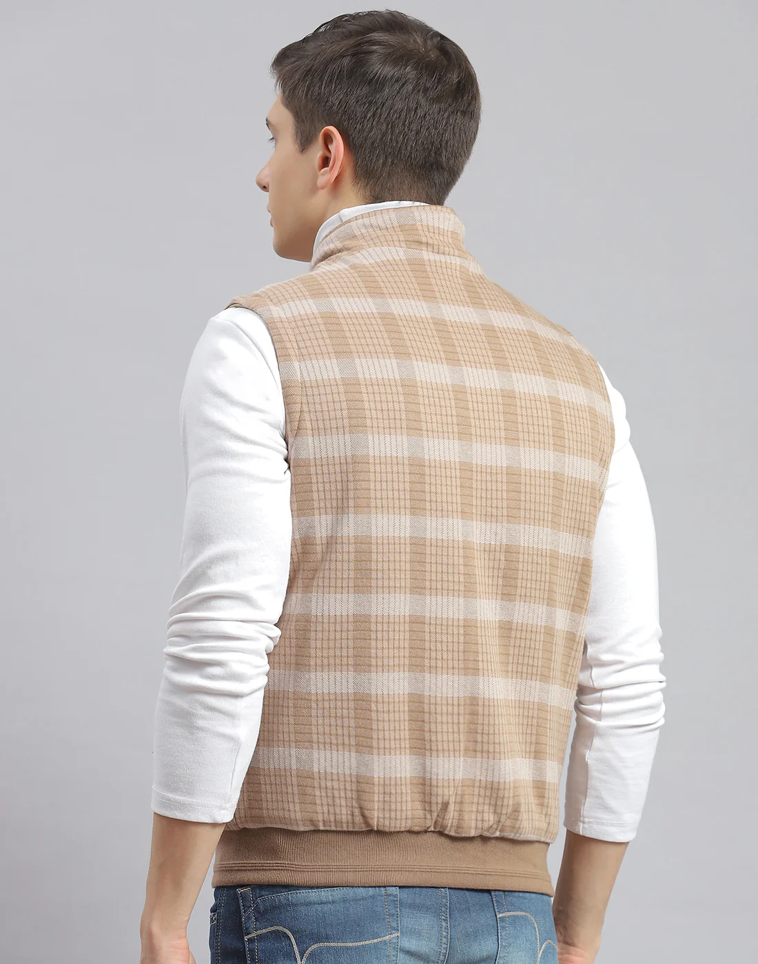Men Beige Solid Stand Collar Sleeveless Jacket - Image 7