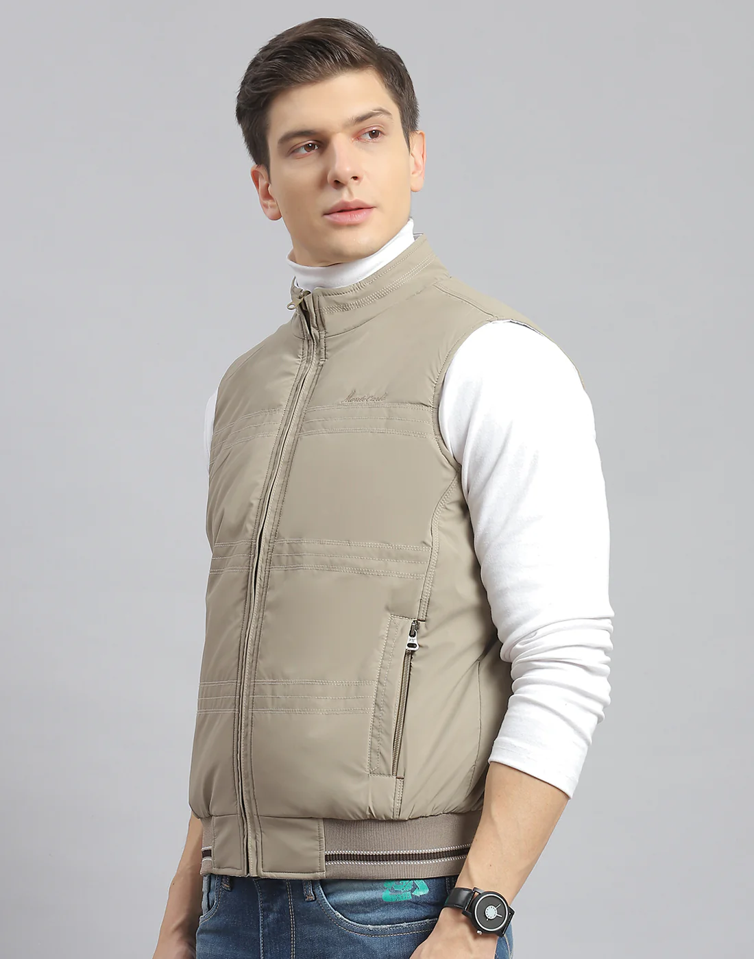 Men Beige Solid Stand Collar Sleeveless Jacket - Image 4