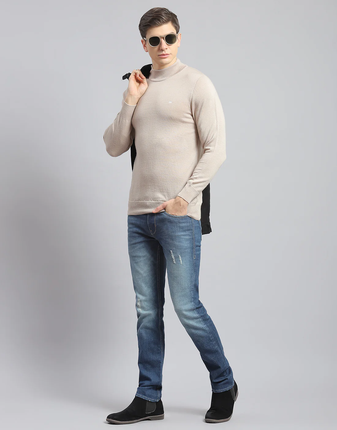 Men Beige Solid T Neck Full Sleeve Pullover - Image 2