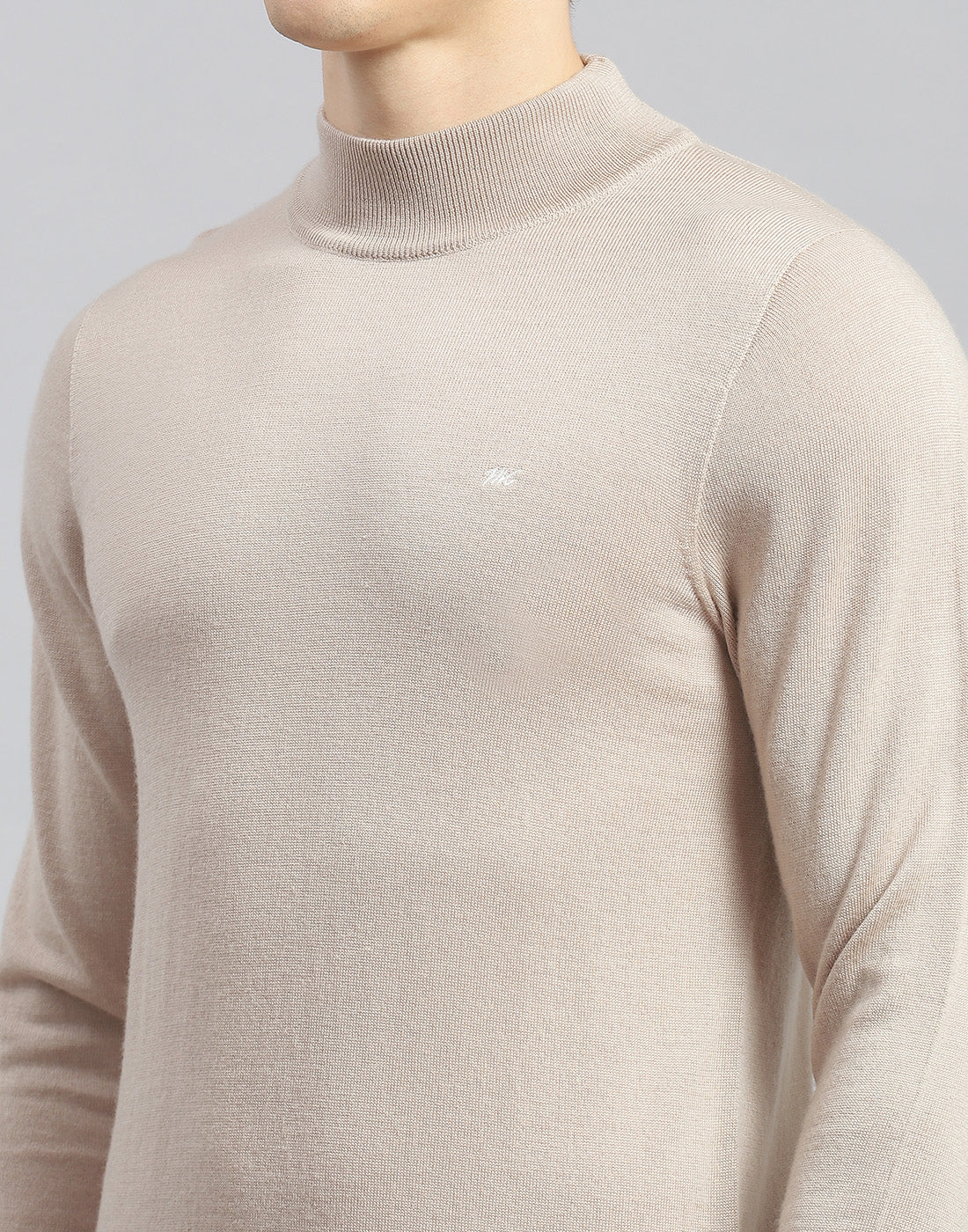 Men Beige Solid T Neck Full Sleeve Pullover - Image 6