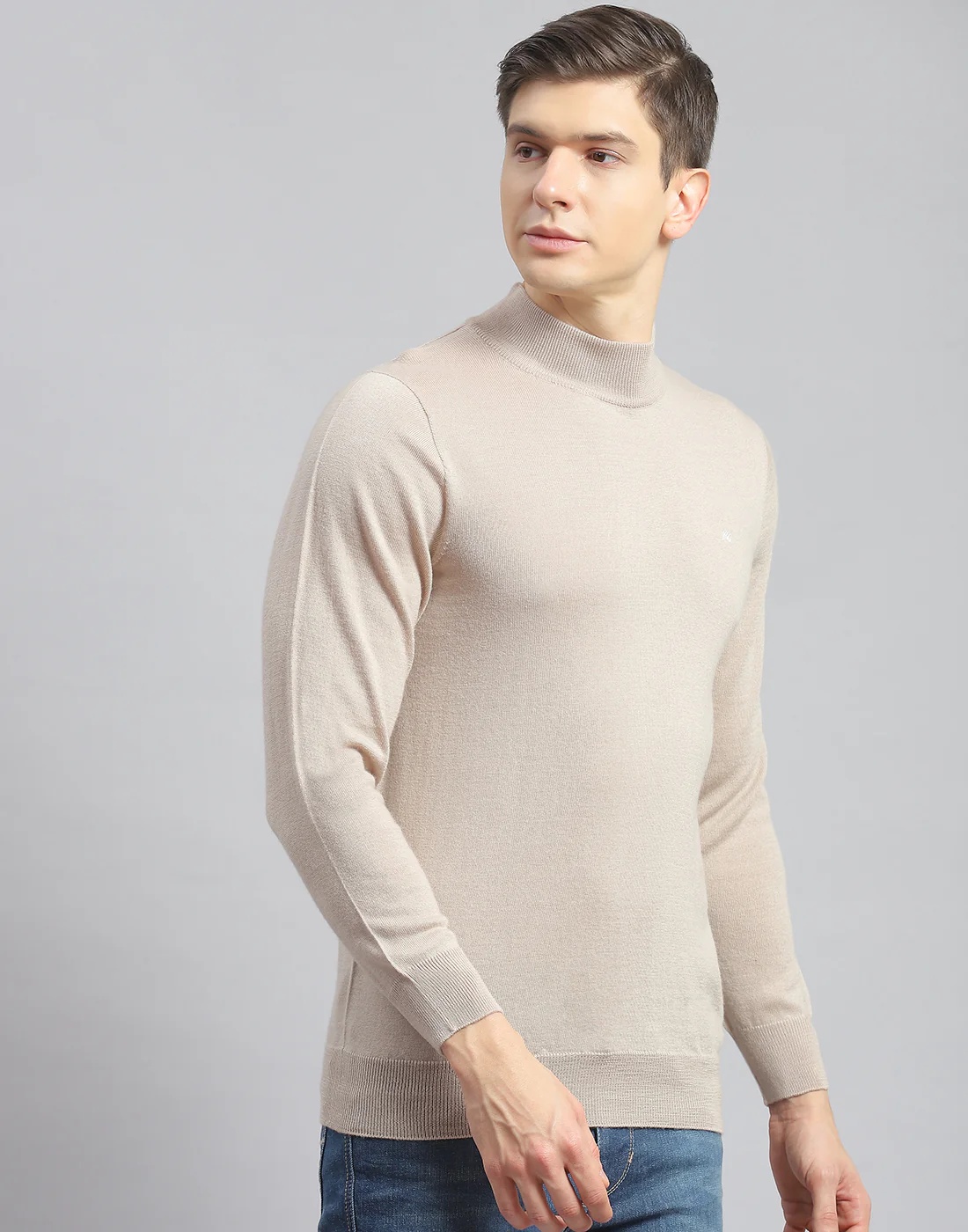 Men Beige Solid Turtle Neck Full Sleeve Pullover - Image 4