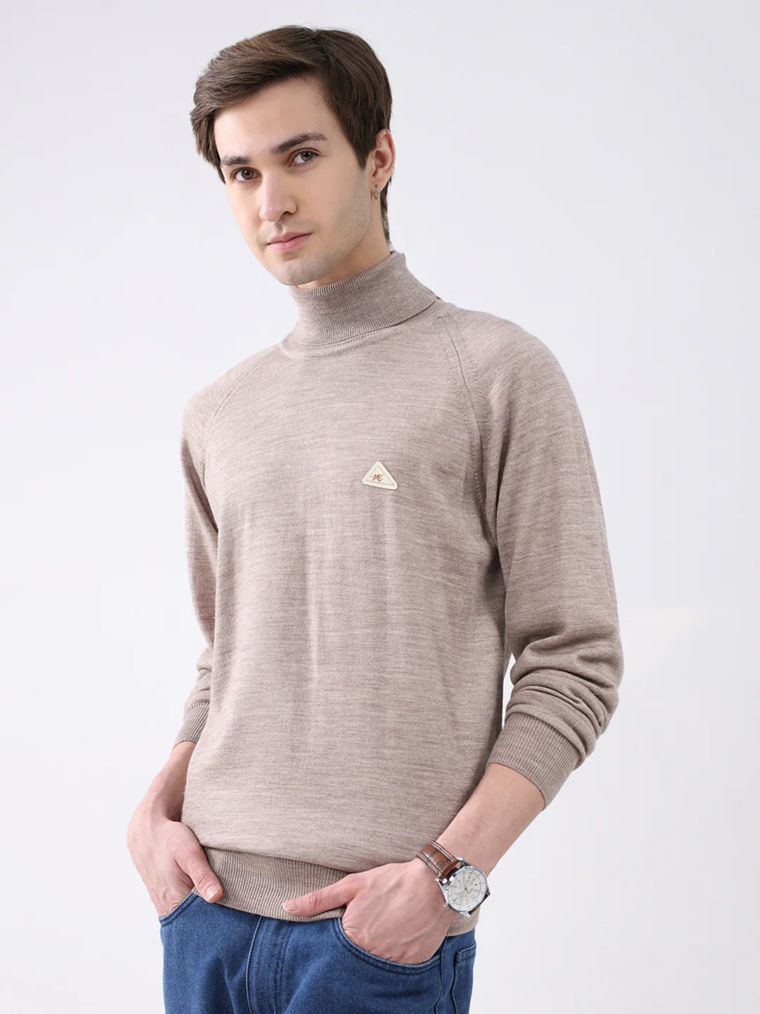 Men Beige Solid Turtle Neck Full Sleeve Pullover - Image 3