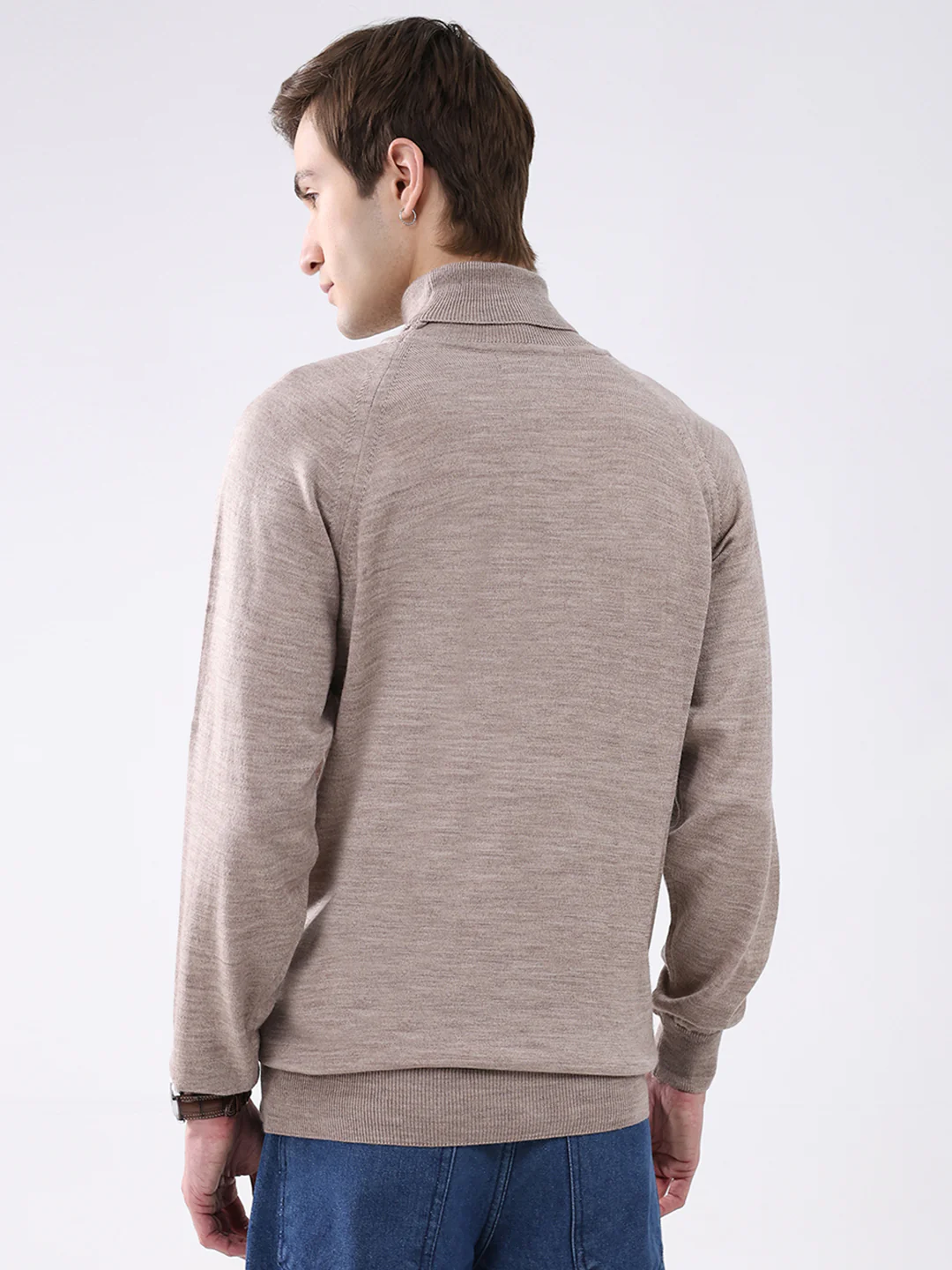 Men Beige Solid Turtle Neck Full Sleeve Pullover - Image 5