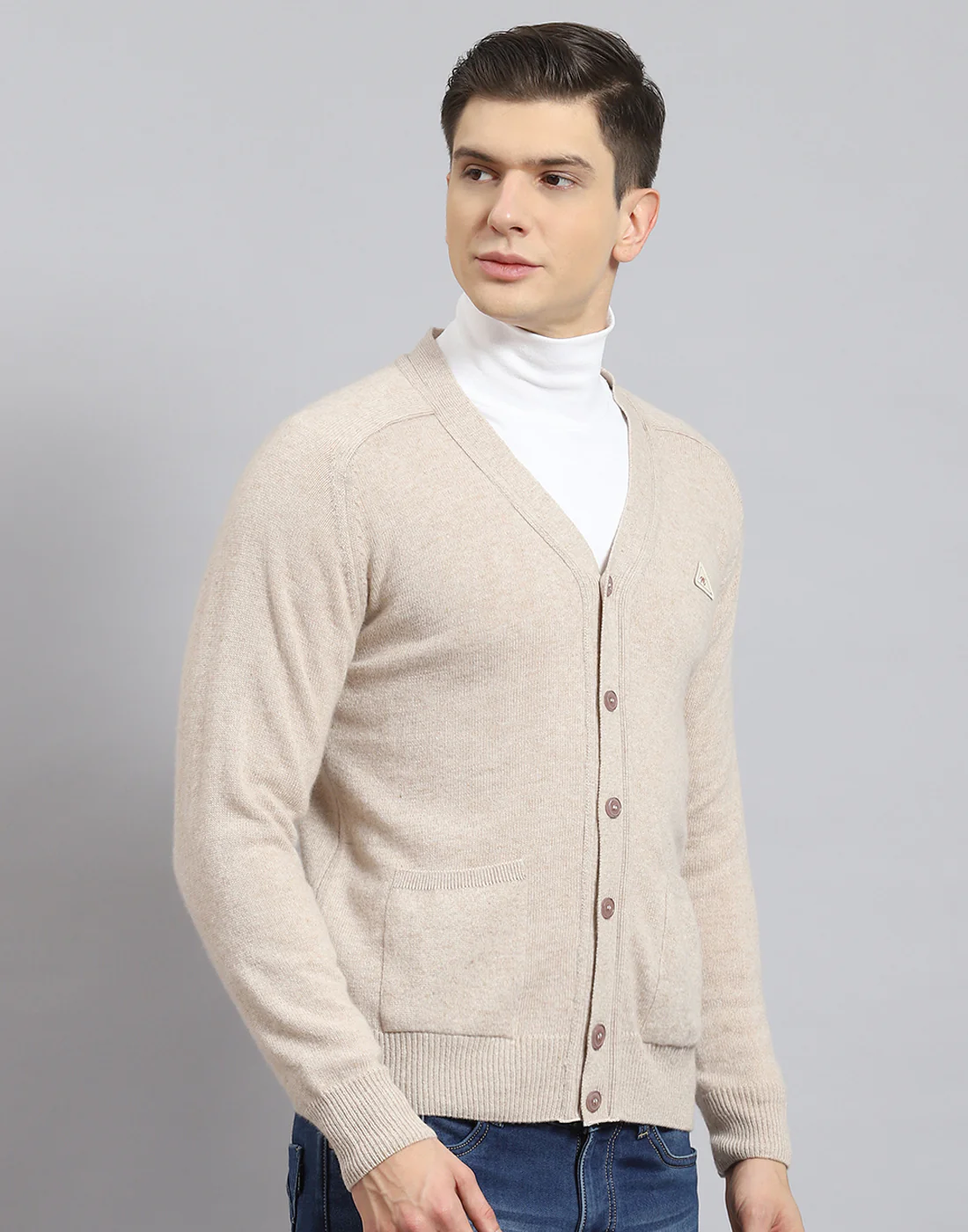 Men Beige Solid V Neck Full Sleeve Cardigan - Image 5