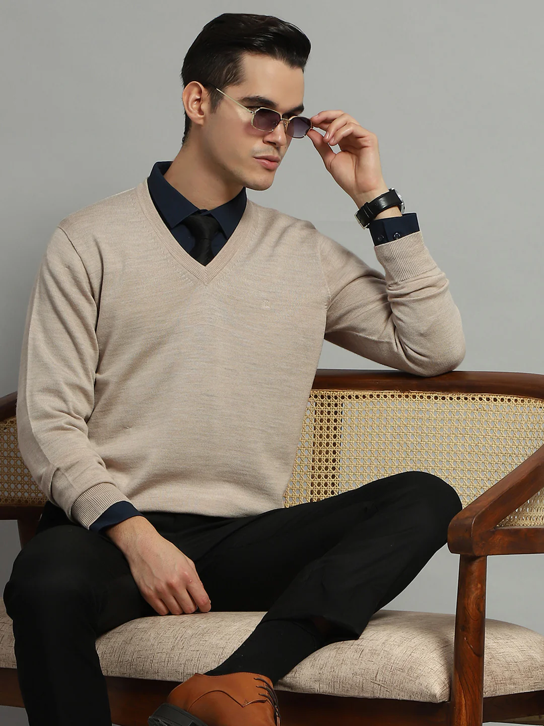 Luxuria Men Beige Solid V Neck Full Sleeve Pullover - Image 6