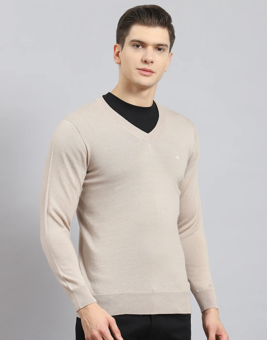 Men Beige Solid V Neck Full Sleeve Pullover - Image 6
