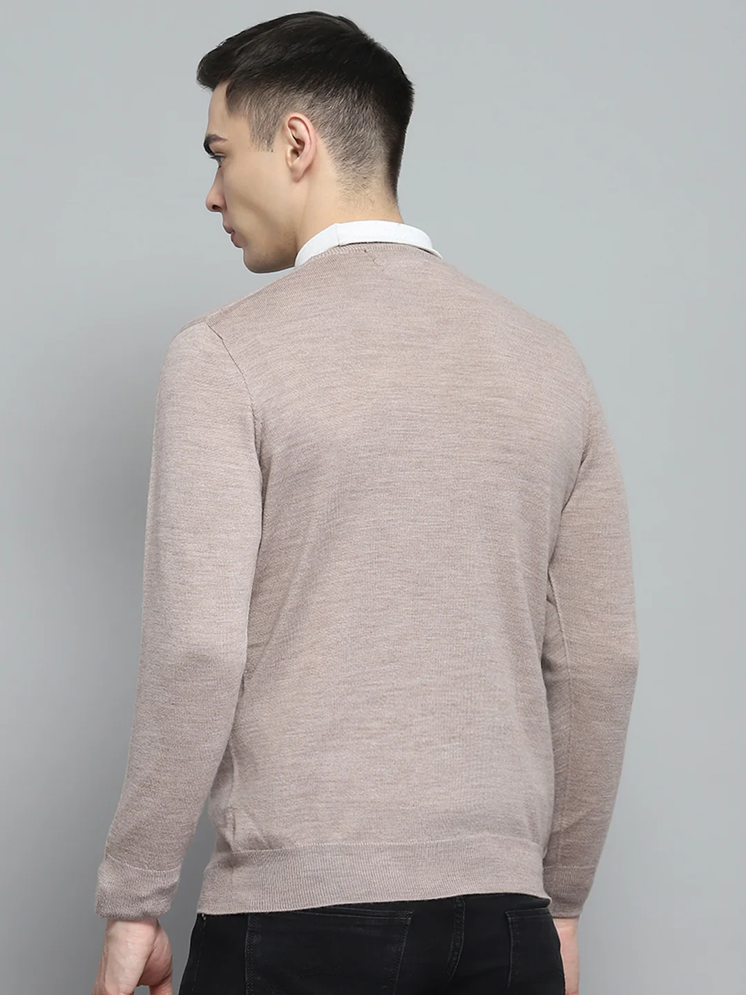 Men Beige Solid V Neck Full Sleeve Pullover - Image 5
