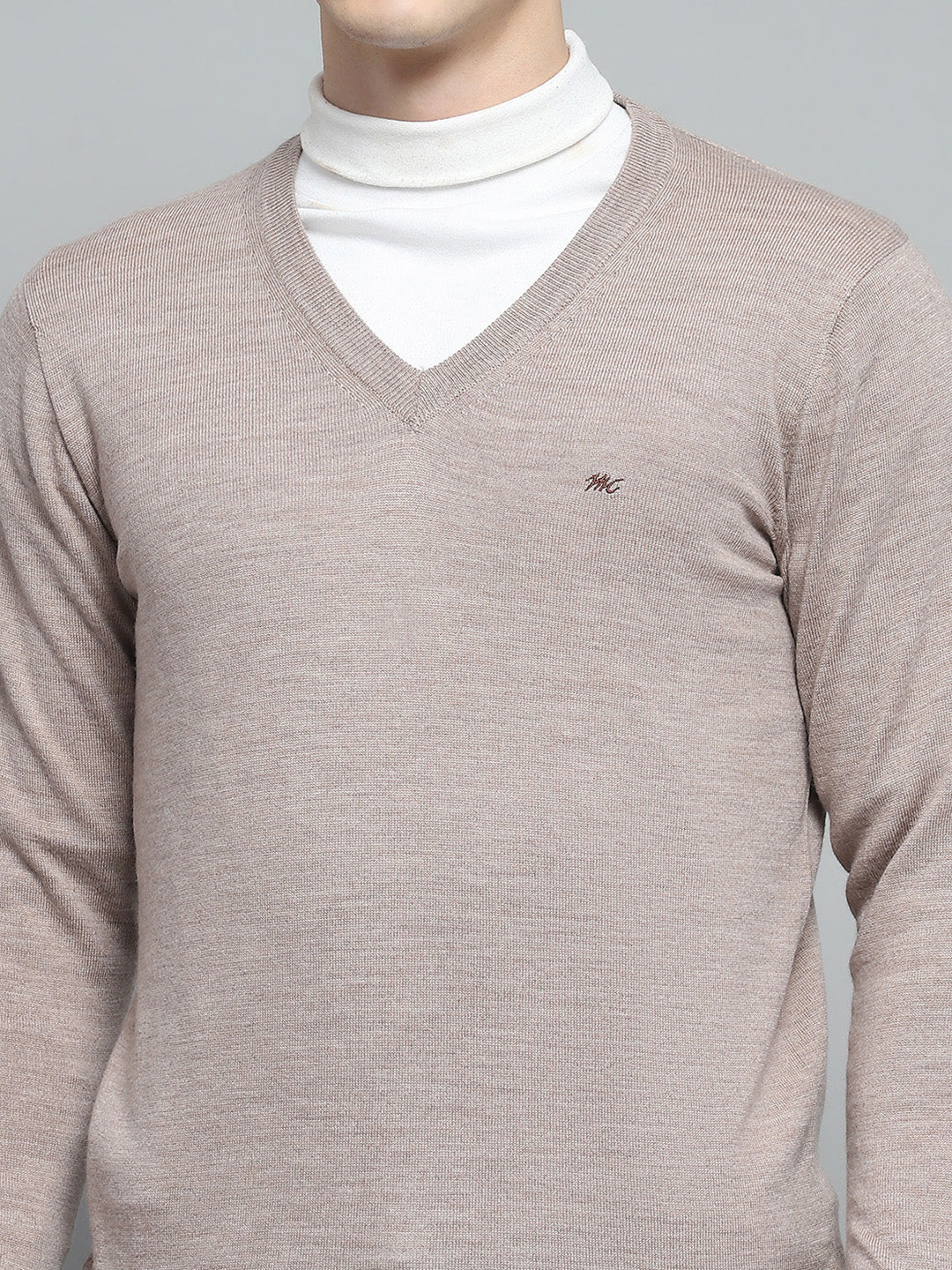 Men Beige Solid V Neck Full Sleeve Pullover - Image 6