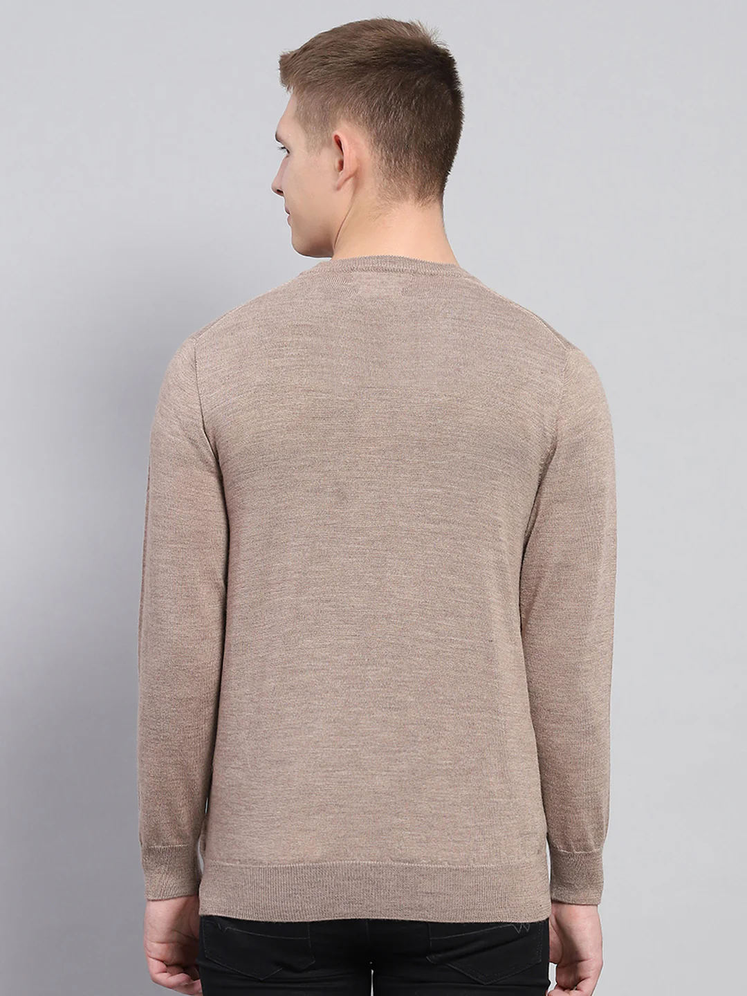 Men Beige Solid V Neck Full Sleeve Pullover - Image 5