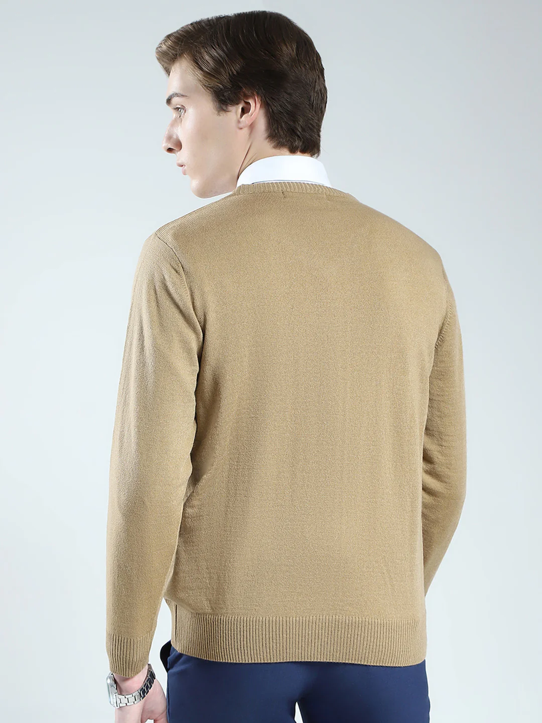 Men Beige Solid V Neck Full Sleeve Pullover - Image 5