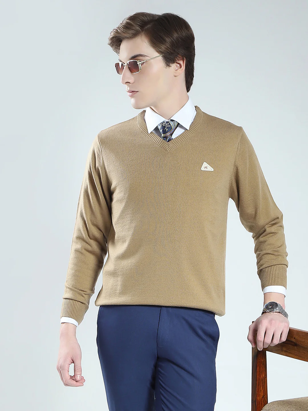 Men Beige Solid V Neck Full Sleeve Pullover - Image 6