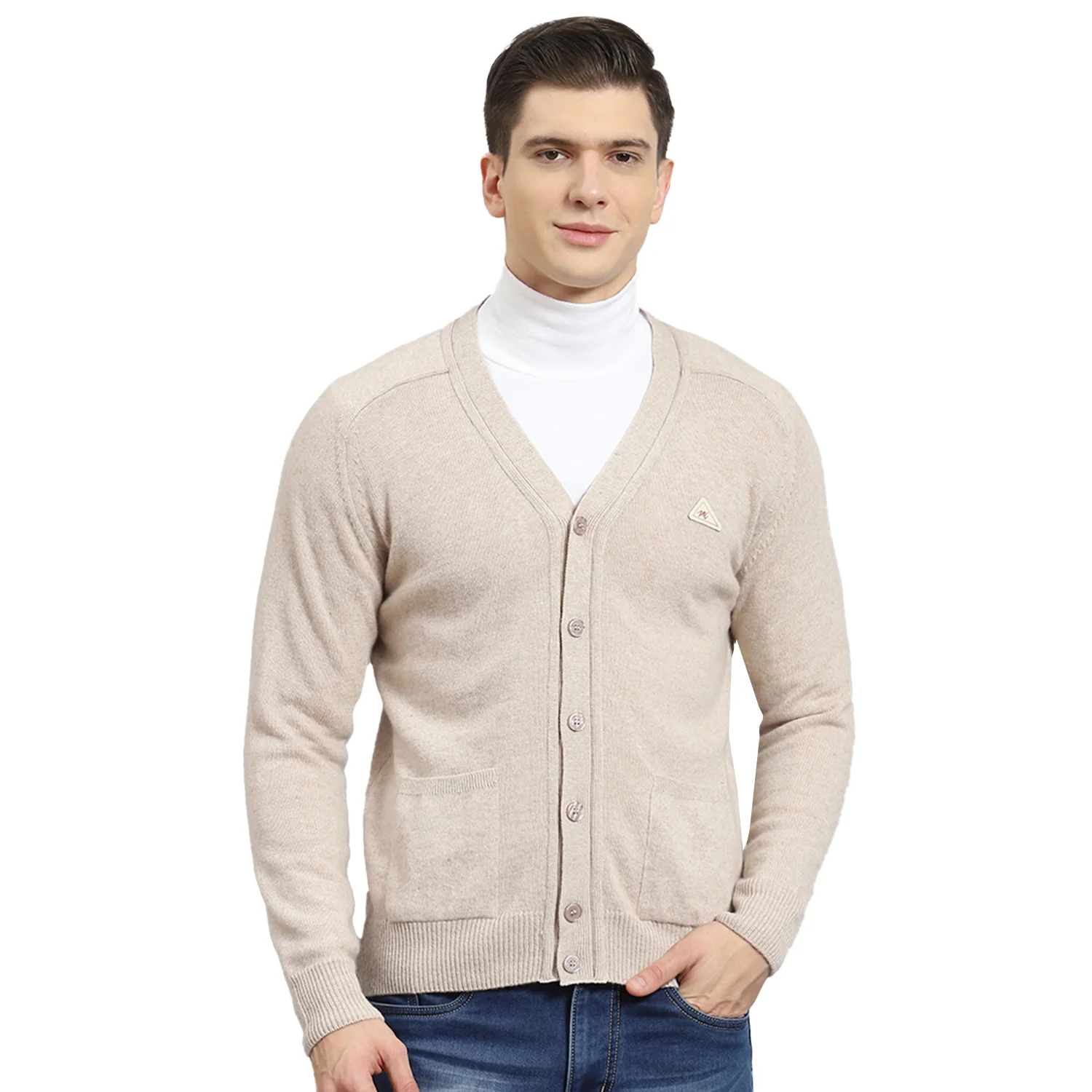 Men Beige Solid V Neck Full Sleeve Sweater - Image 5