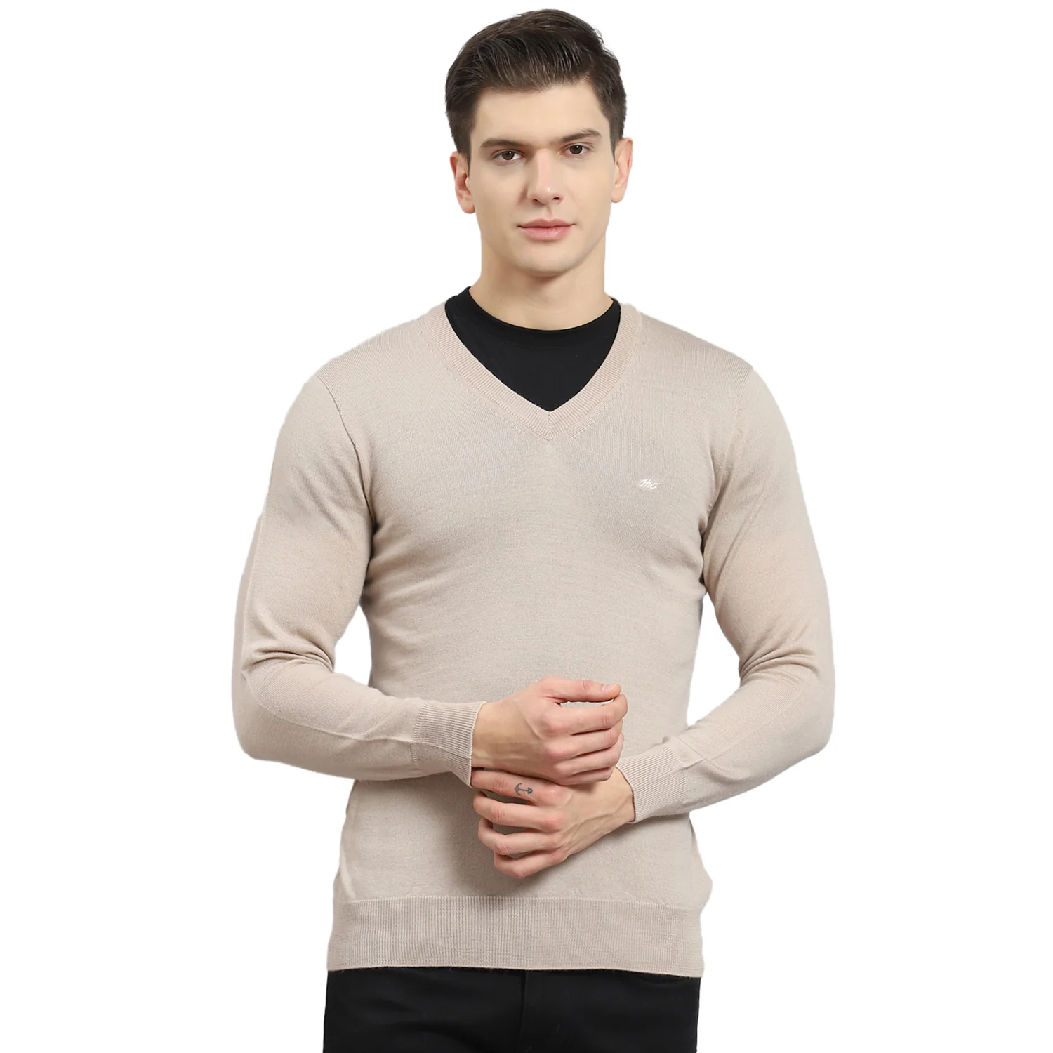 Men Beige Solid V Neck Full Sleeve Sweater - Image 5