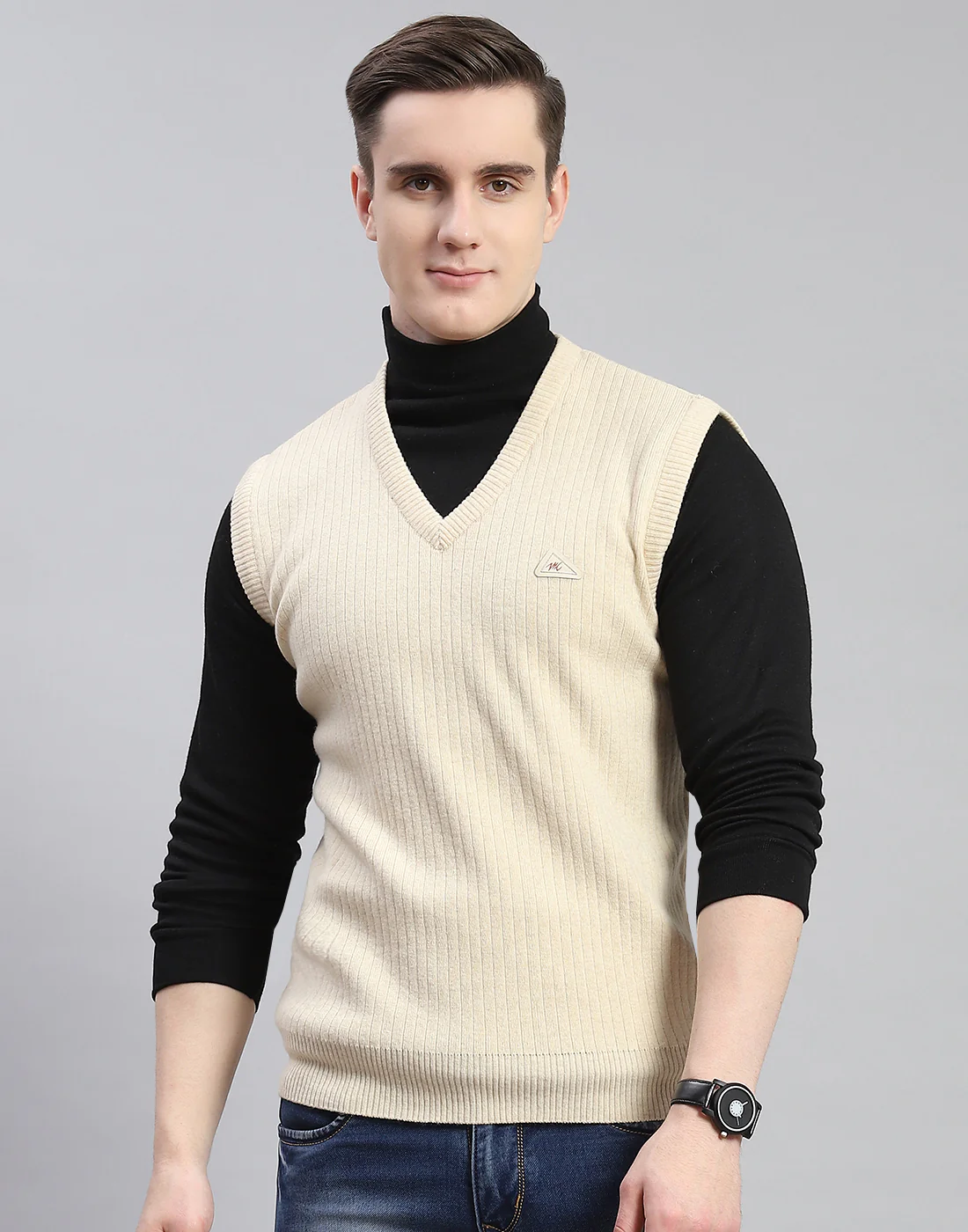 Men Beige Solid V Neck Sleeveless Sweater - Image 2