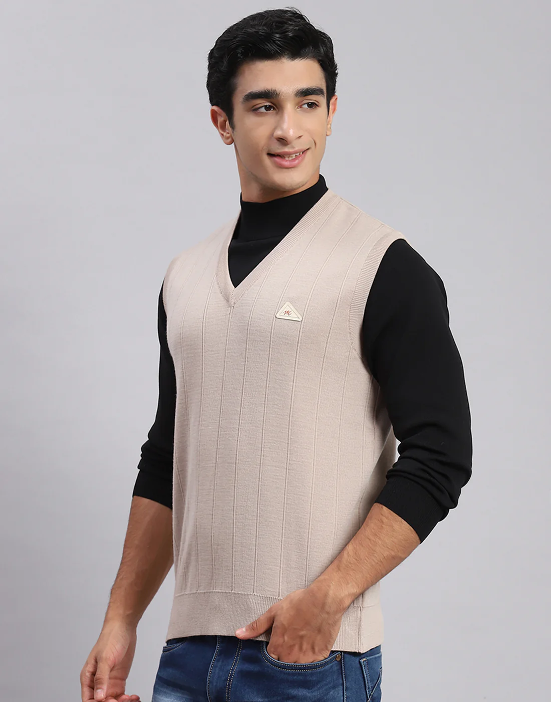 Men Beige Solid V Neck Sleeveless Sweater - Image 2