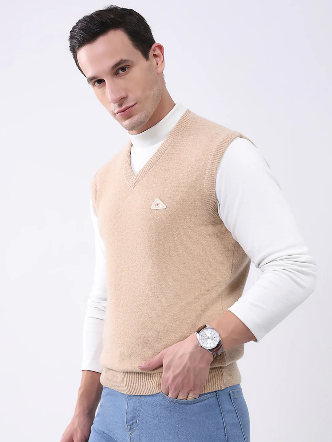 Men Beige Solid V Neck Sleeveless Sweater - Image 3