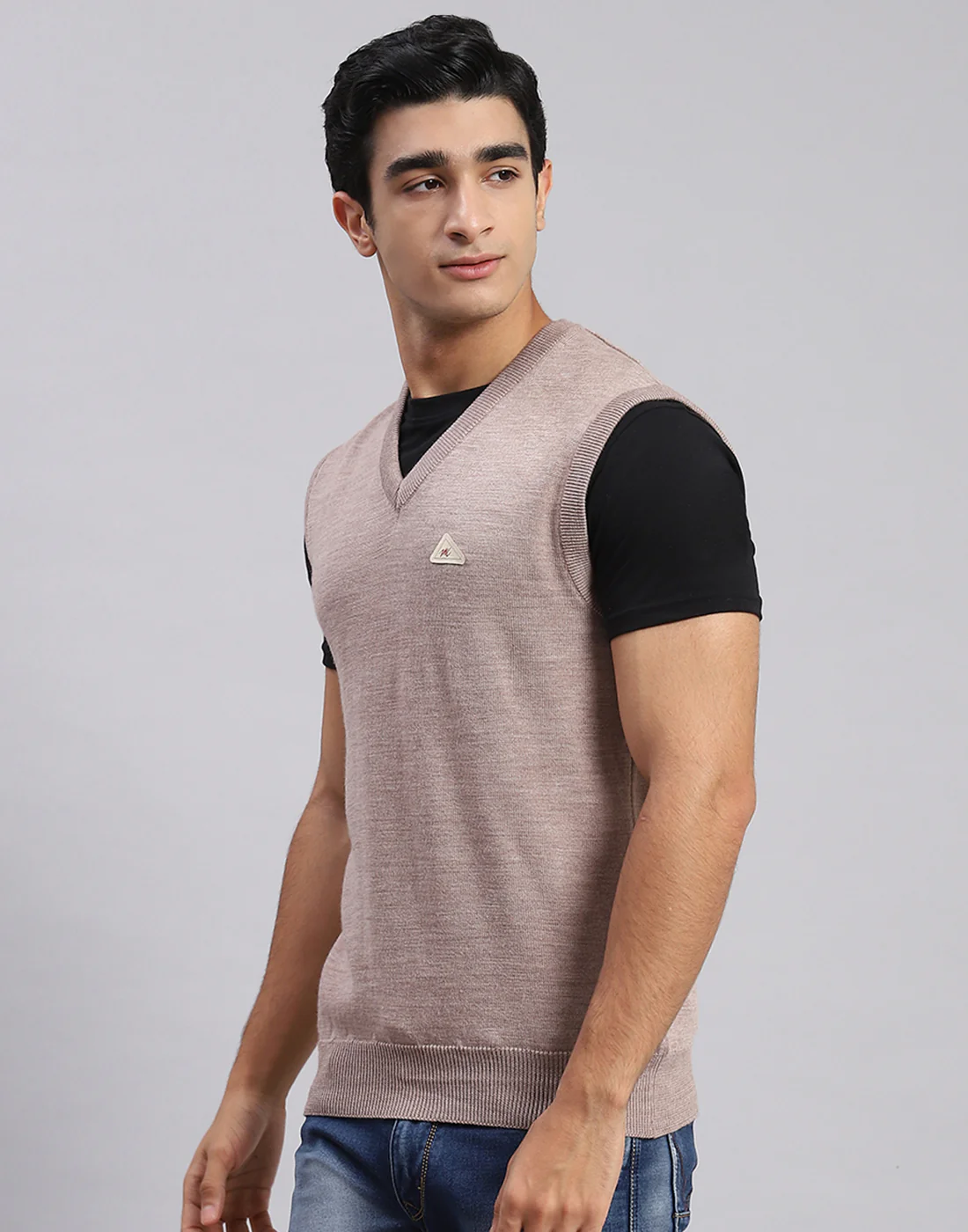 Men Beige Solid V Neck Sleeveless Sweaters/Pullovers - Image 2