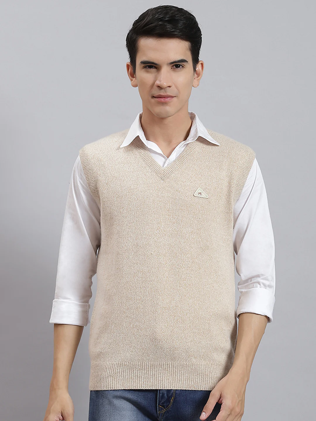 Men Beige Solid V Neck Sleeveless Sweaters/Pullovers - Image 2
