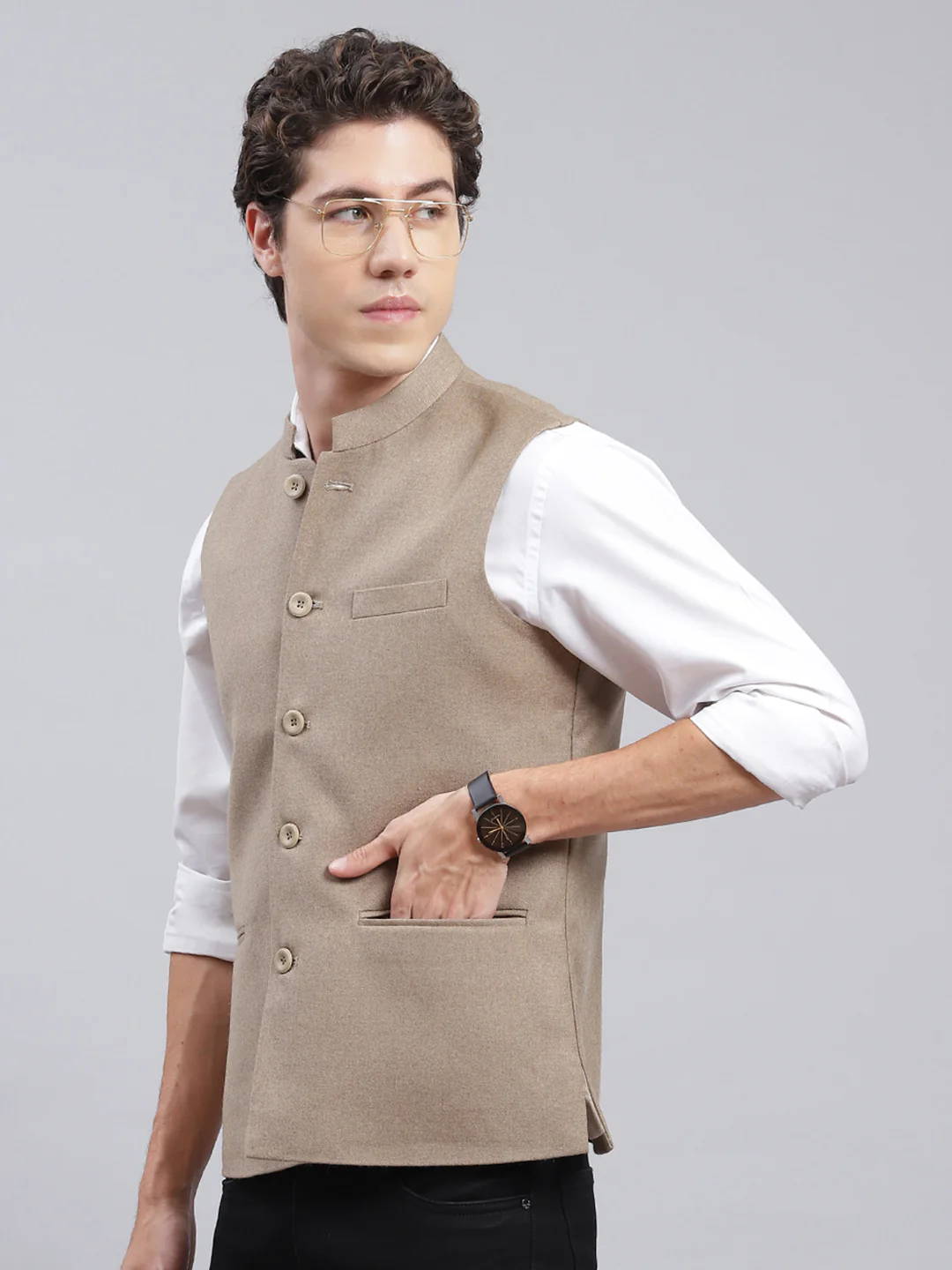 Men Beige Solid Wool blend Coat - Image 4