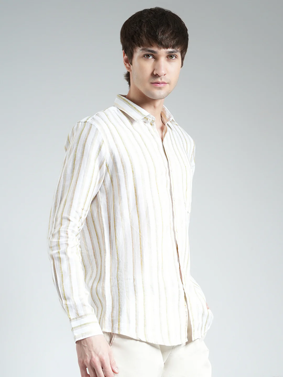 Men Beige Stripe Collar Full Sleeve Linen Shirt - Image 4