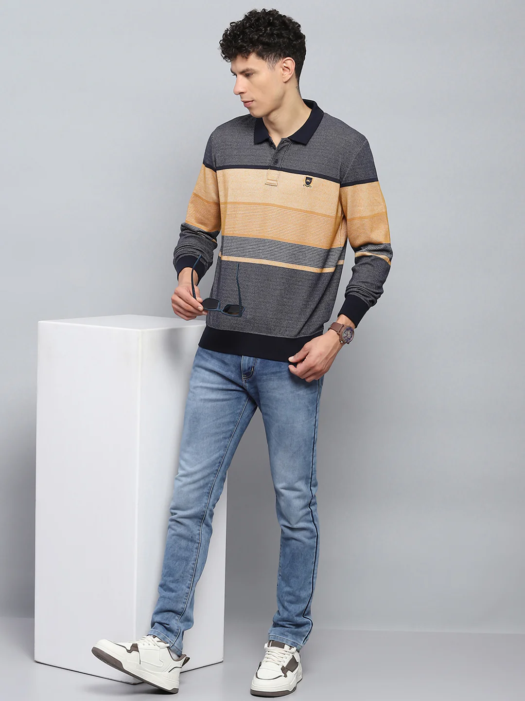 Men Beige Stripe Collar Full Sleeve Winter T-Shirt - Image 2