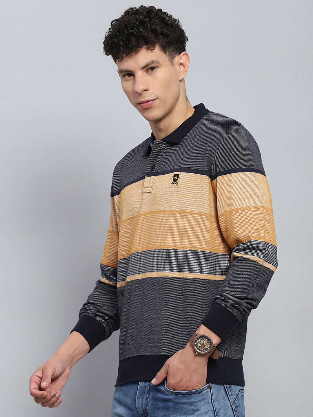 Men Beige Stripe Collar Full Sleeve Winter T-Shirt - Image 3