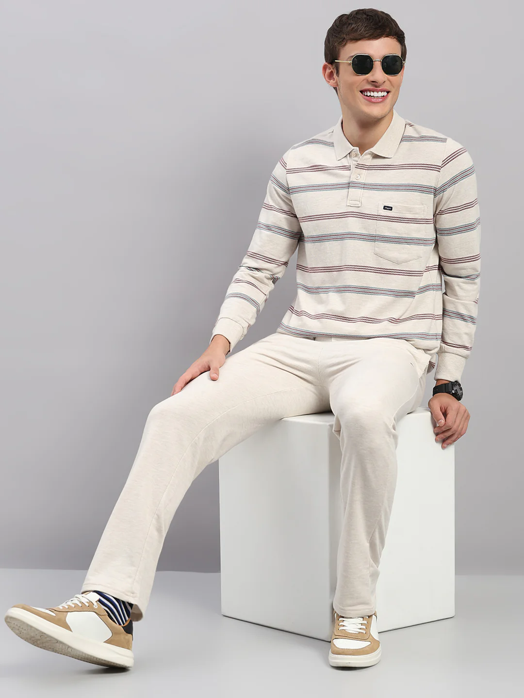 Men Beige Stripe Collar Full Sleeve Winter Tracksuit - Image 2